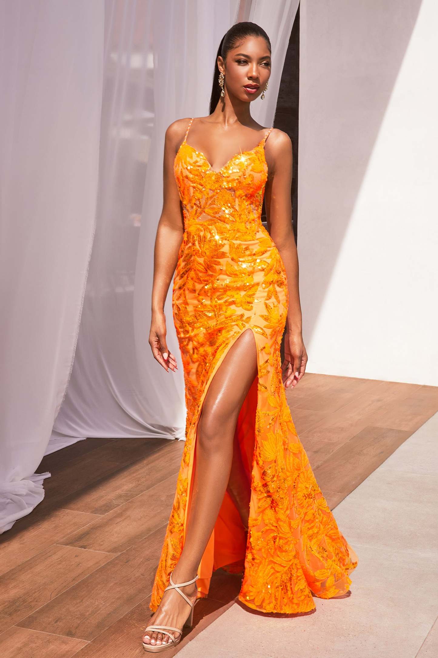 Stunning Fitted Deep V-Neckline Sequin Floral Print Gown #CM350