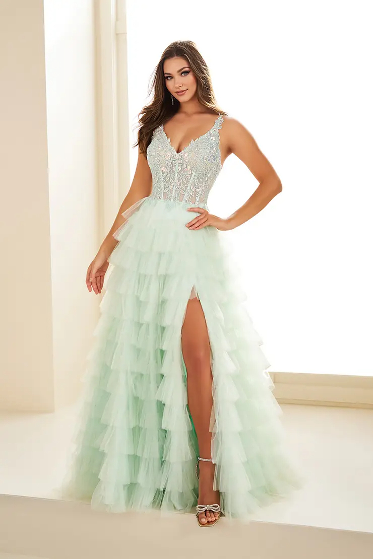 A-Line Sequin V-Neck Bodice High Slit Tulle Prom Dress #EW35059