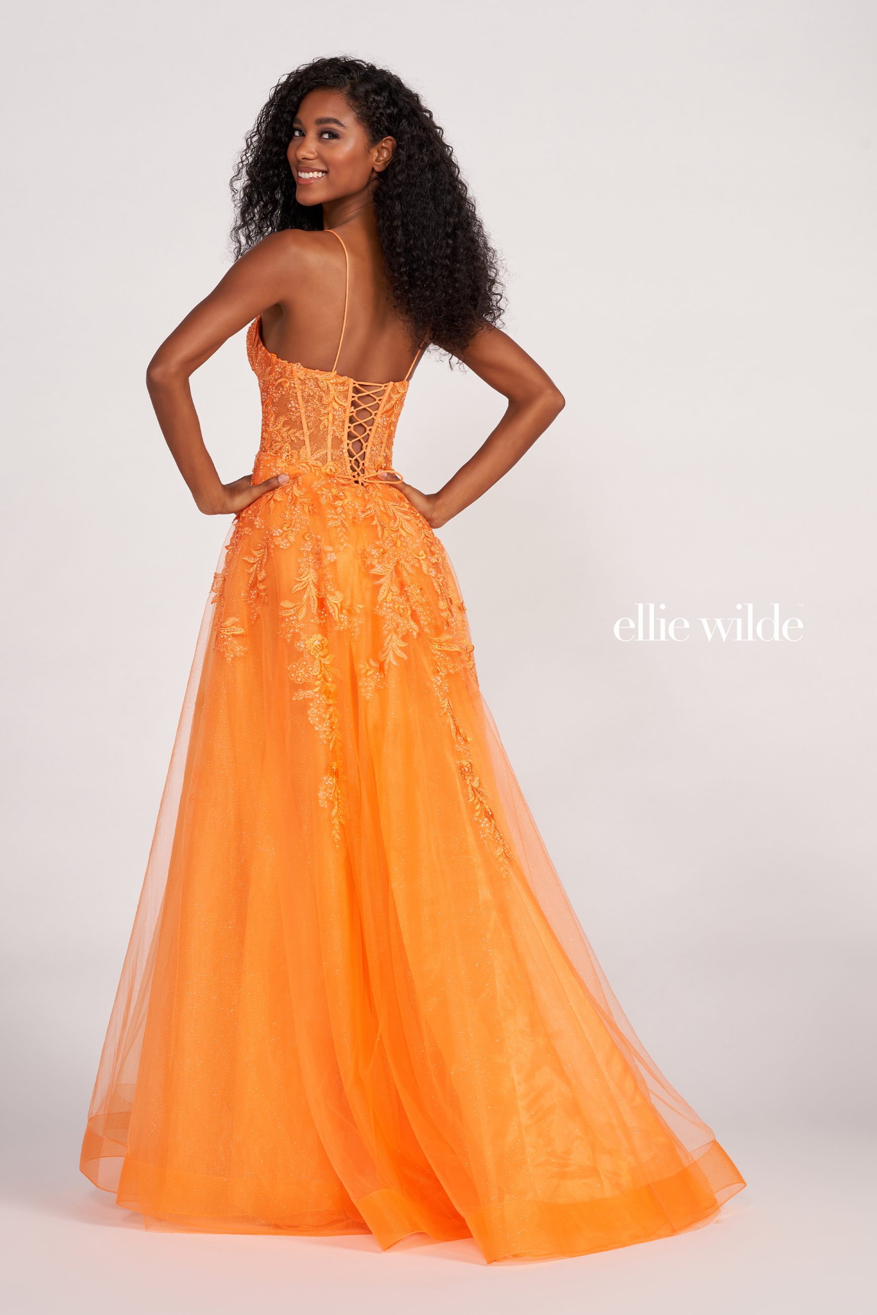A-Line Plunging V-Neck Embroidered Lace Appliques Corset Back Prom Dress #EW34036