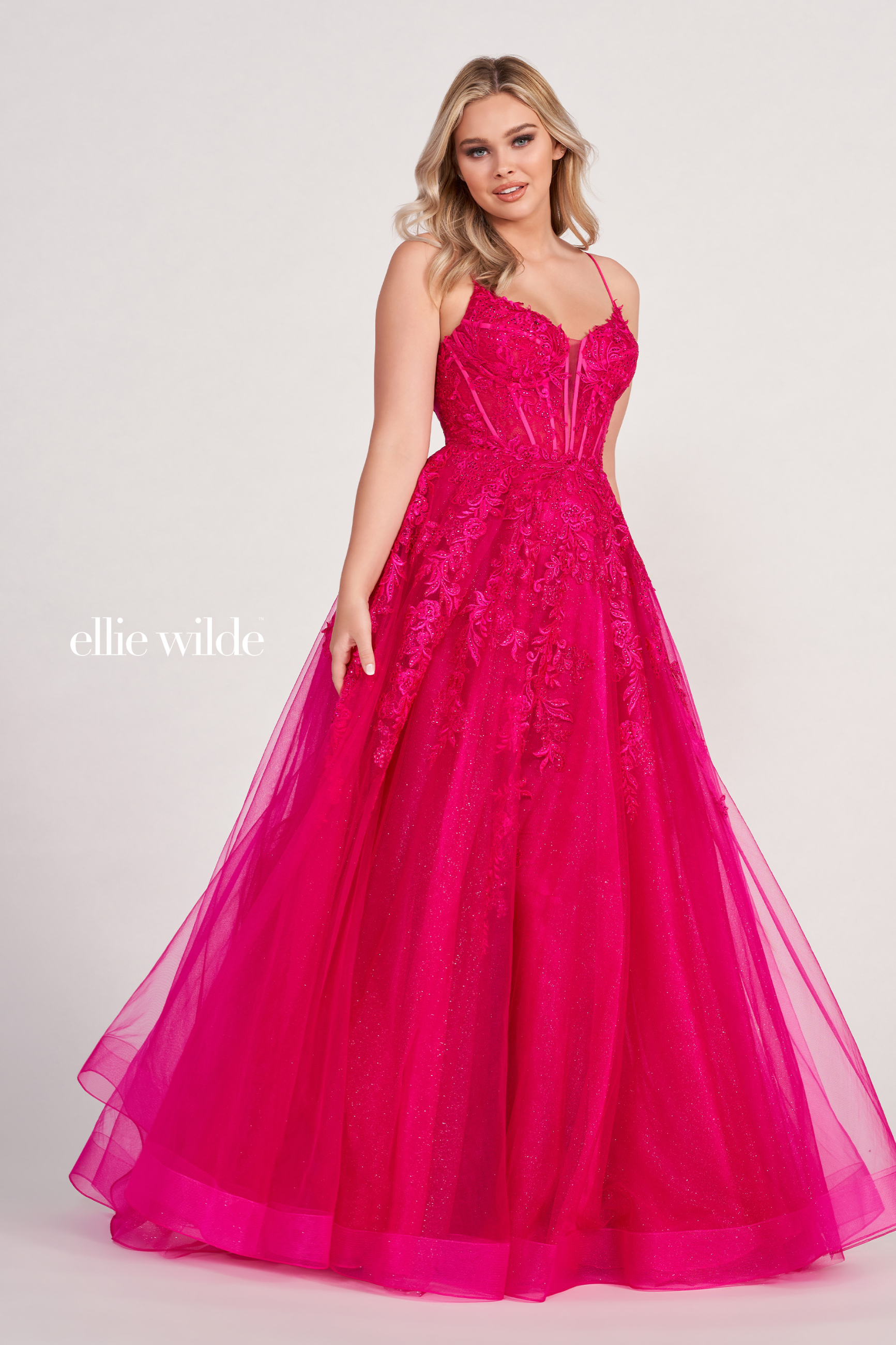 A-Line Plunging V-Neck Embroidered Lace Appliques Corset Back Prom Dress #EW34036