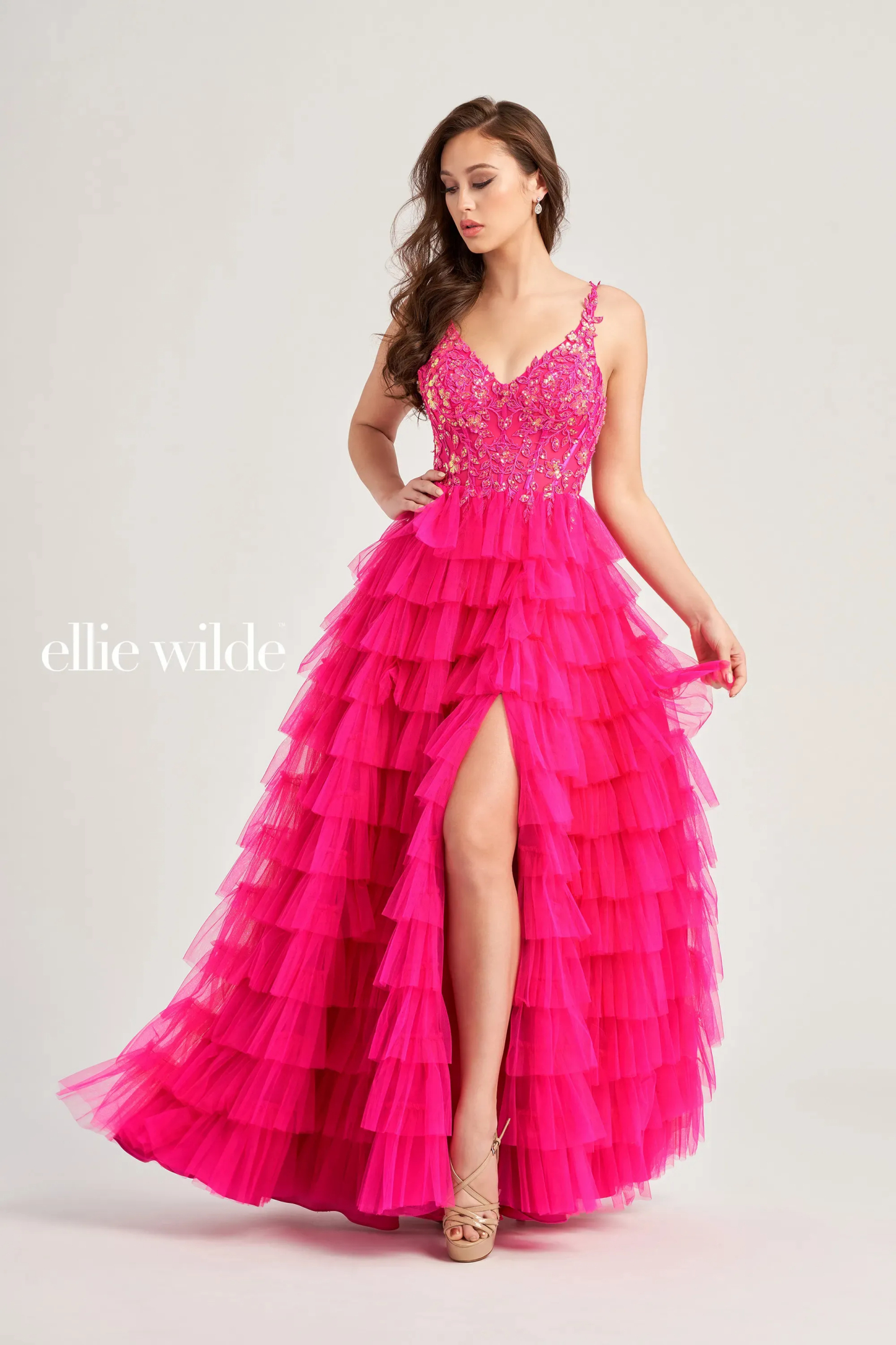 A-Line Sequin V-Neck Bodice High Slit Tulle Prom Dress #EW35059