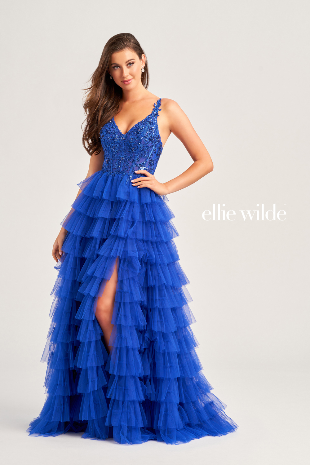 A-Line Sequin V-Neck Bodice High Slit Tulle Prom Dress #EW35059