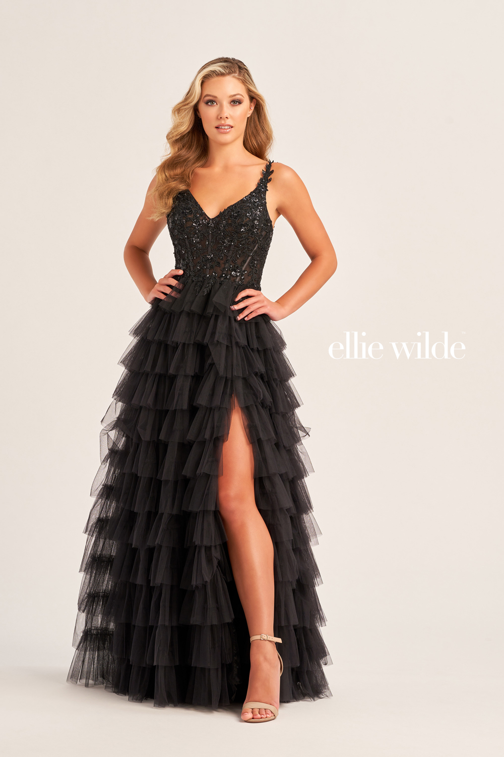 A-Line Sequin V-Neck Bodice High Slit Tulle Prom Dress #EW35059