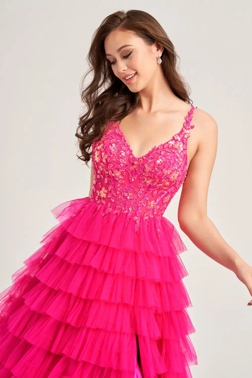 A-Line Sequin V-Neck Bodice High Slit Tulle Prom Dress #EW35059