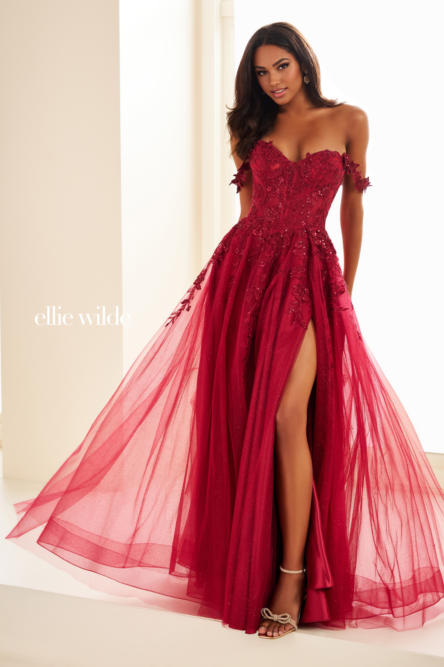 A-Line Sweetheart Glitter Tulle Floral Lace Appliques Prom Dress #EW35101