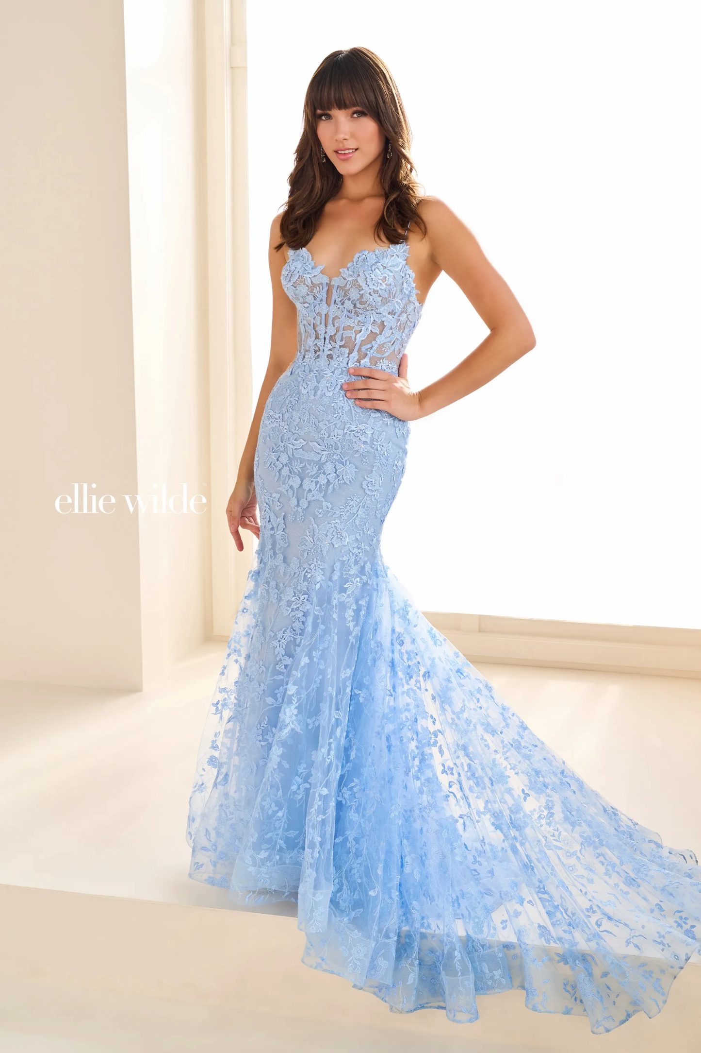 Fit And Flare Sweetheart Embroidered Mesh Lace-Up Back Prom Dress ﻿#EW36008