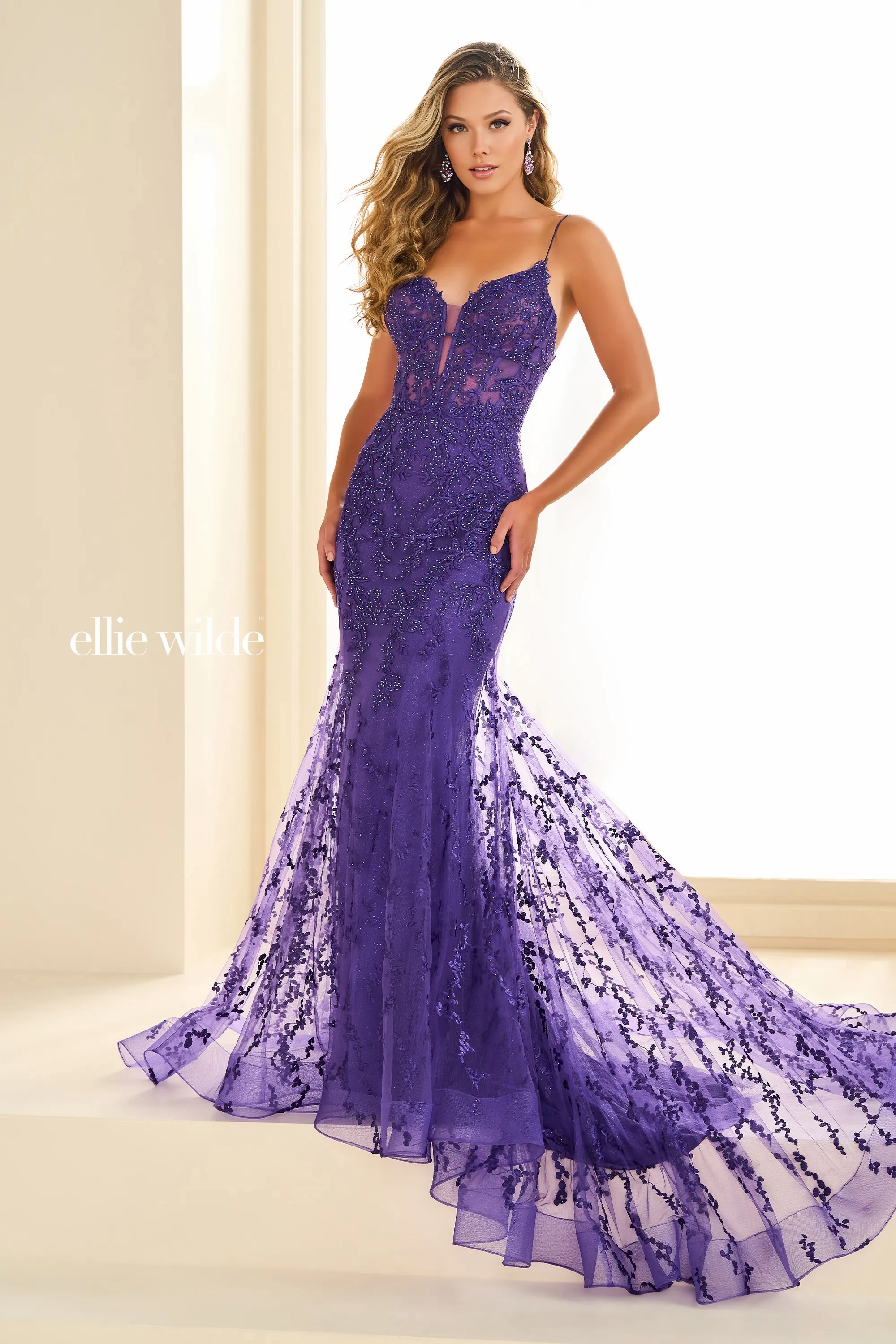 Fit And Flare Sweetheart Embroidered Mesh Lace-Up Back Prom Dress ﻿#EW36008