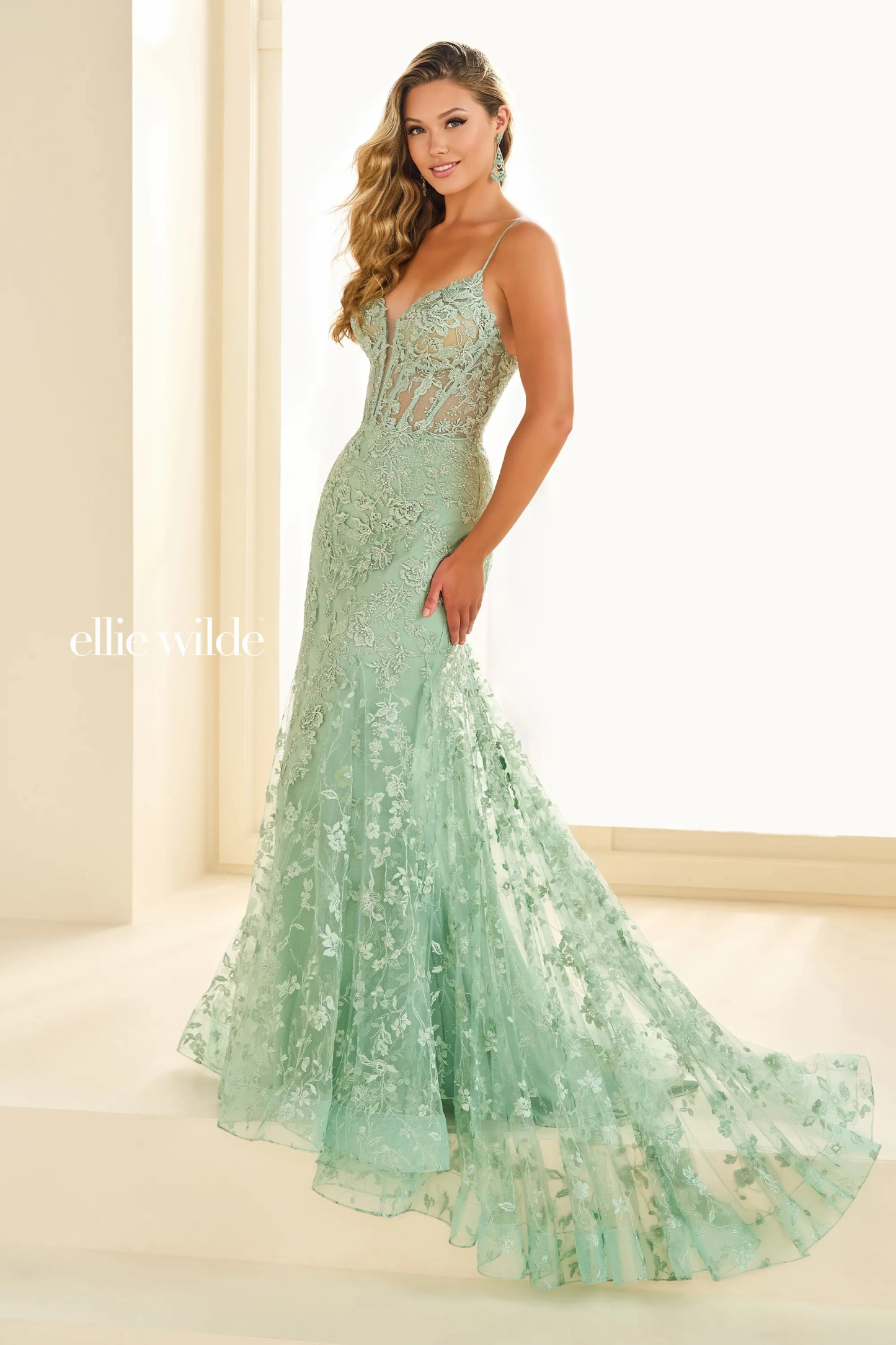 Fit And Flare Sweetheart Embroidered Mesh Lace-Up Back Prom Dress #EW36008