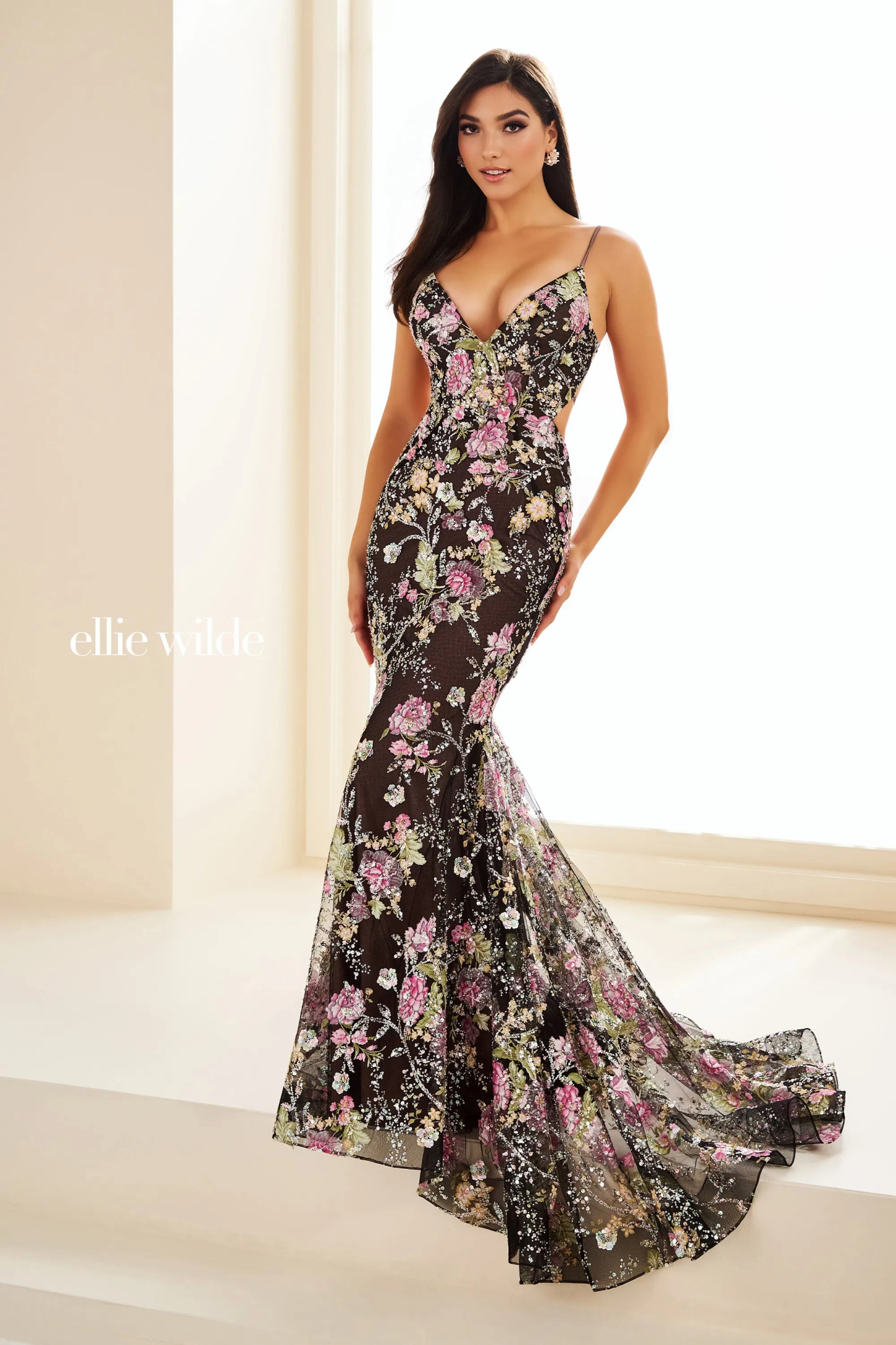 Mermaid V-Neck Spaghetti Straps Glitter Tulle Sequin Prom Dress #EW36019