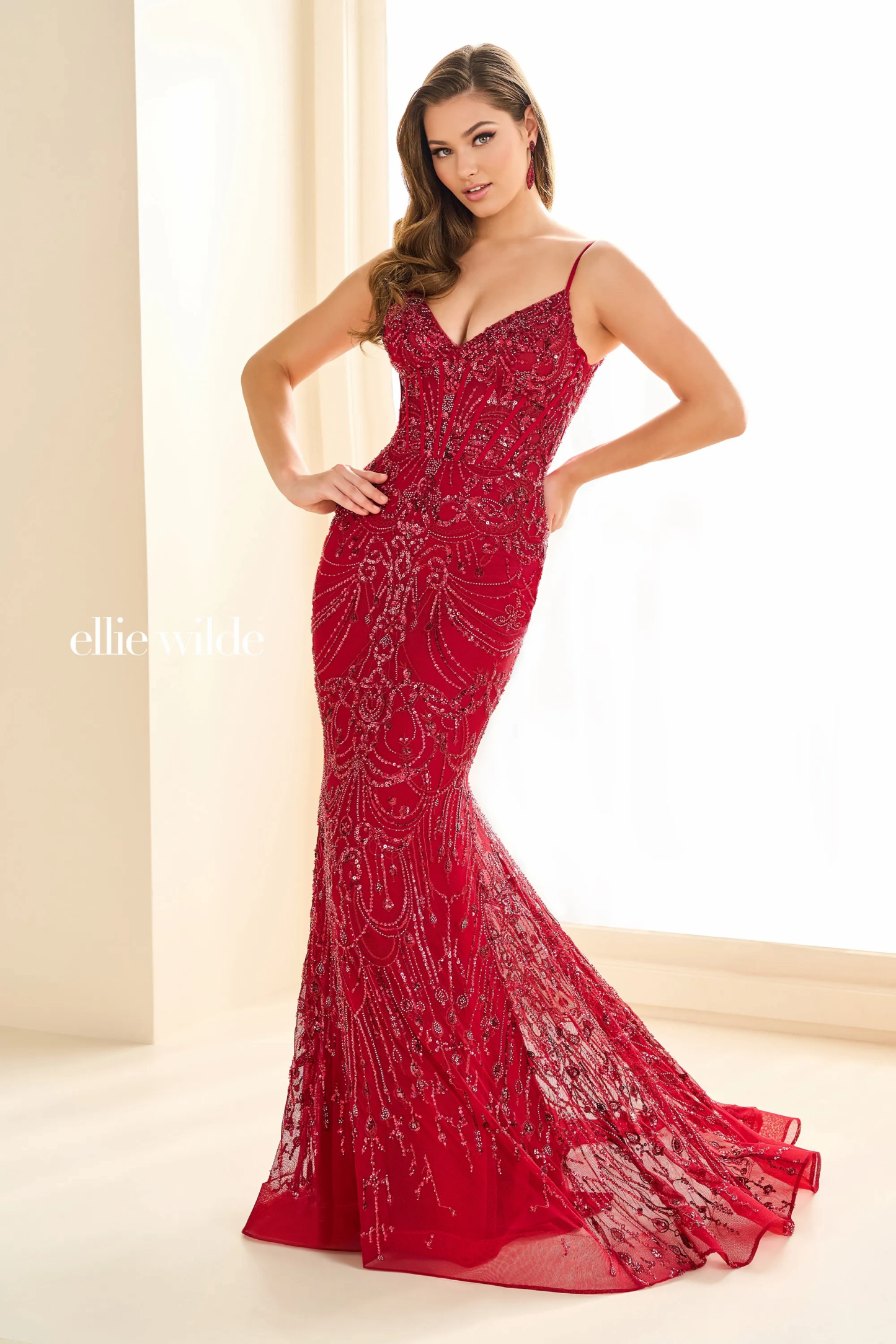 Mermaid V-Neck Beaded Mesh Corset Bodice Sequin Tulle Prom Dress #EW36020