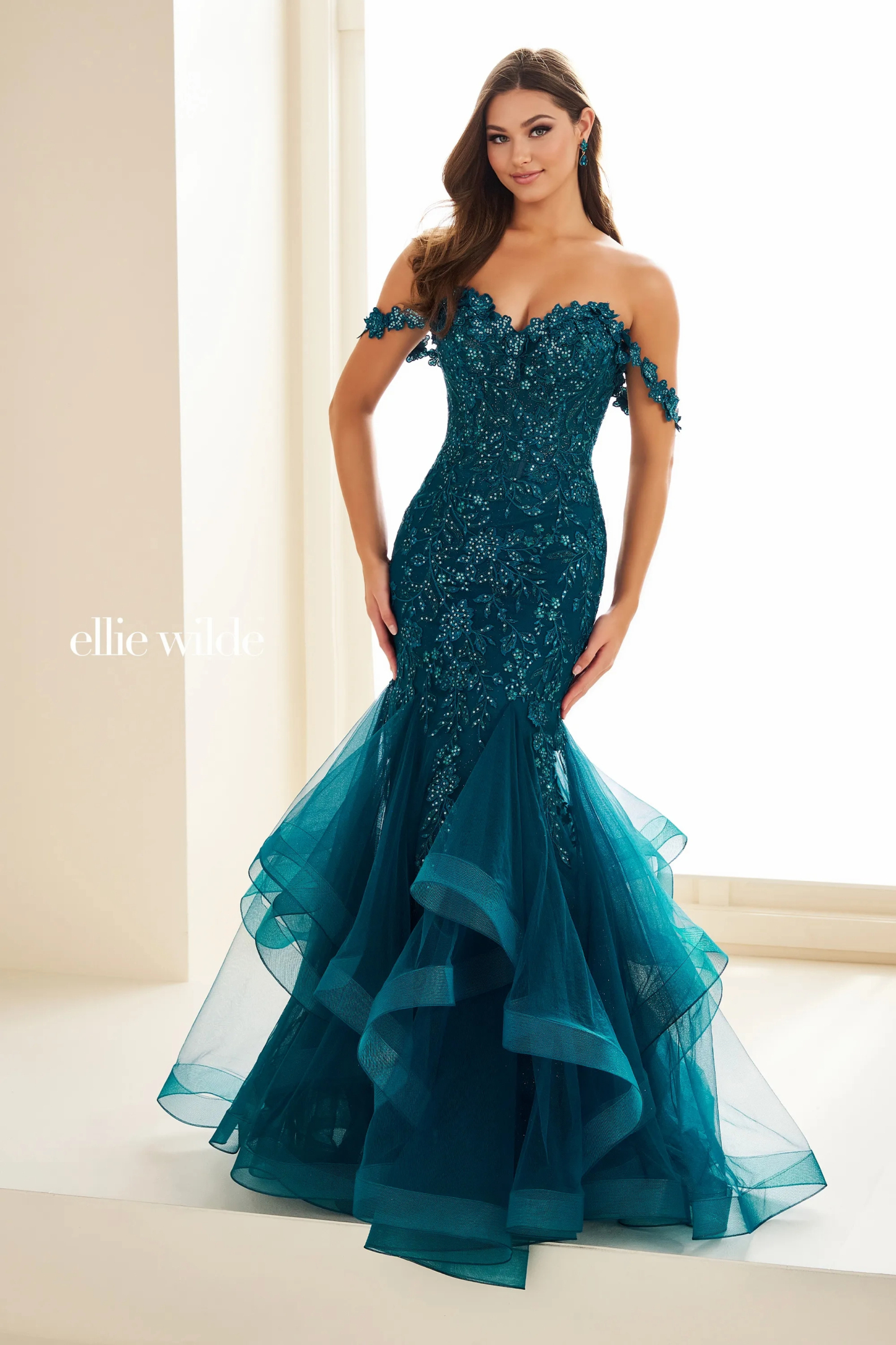 Mermaid Sweetheart Off-The-Shoulder Glitter Tulle Lace Appliques Prom Dress #EW36047
