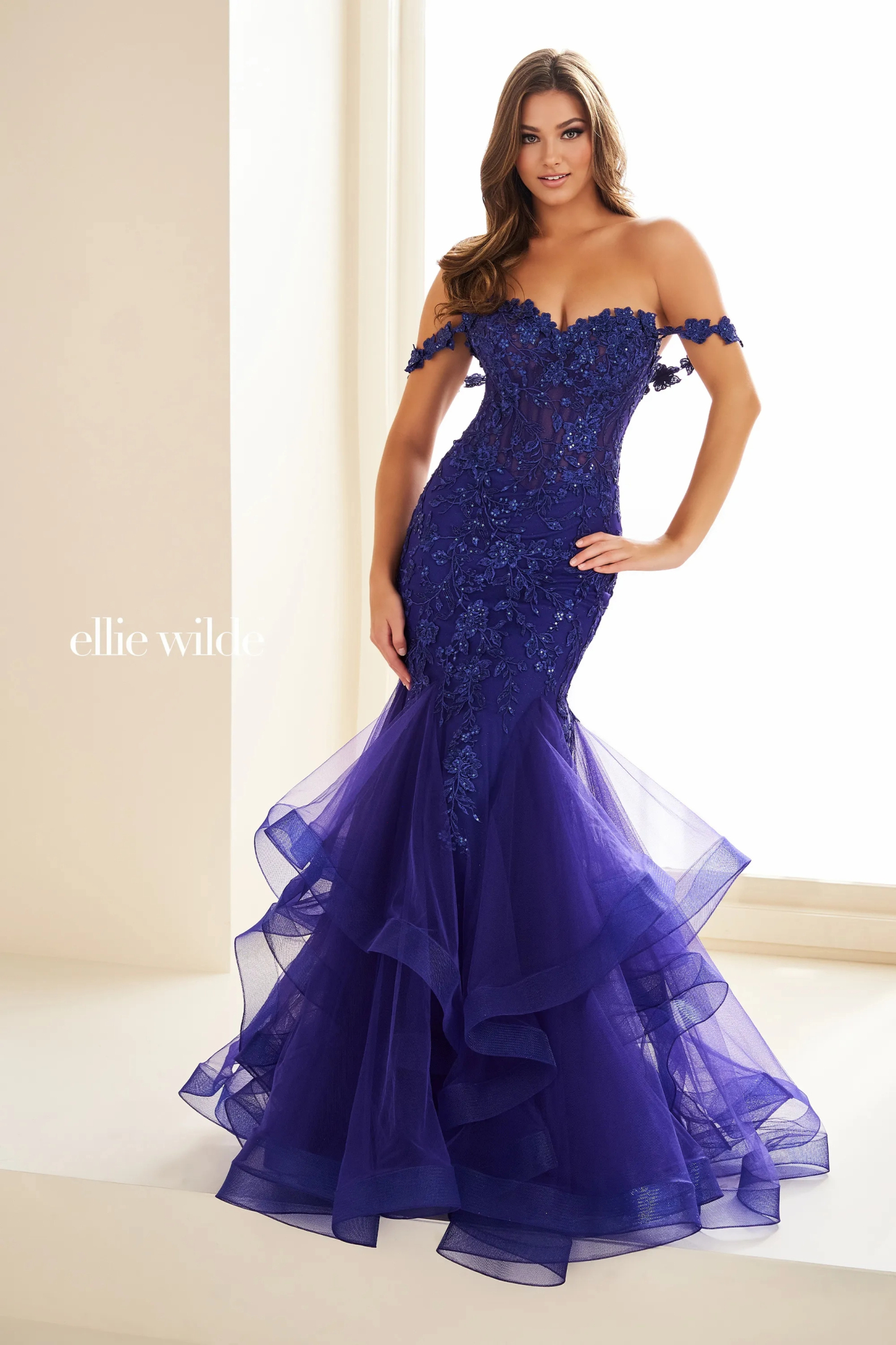 Mermaid Sweetheart Off-The-Shoulder Glitter Tulle Lace Appliques Prom Dress #EW36047