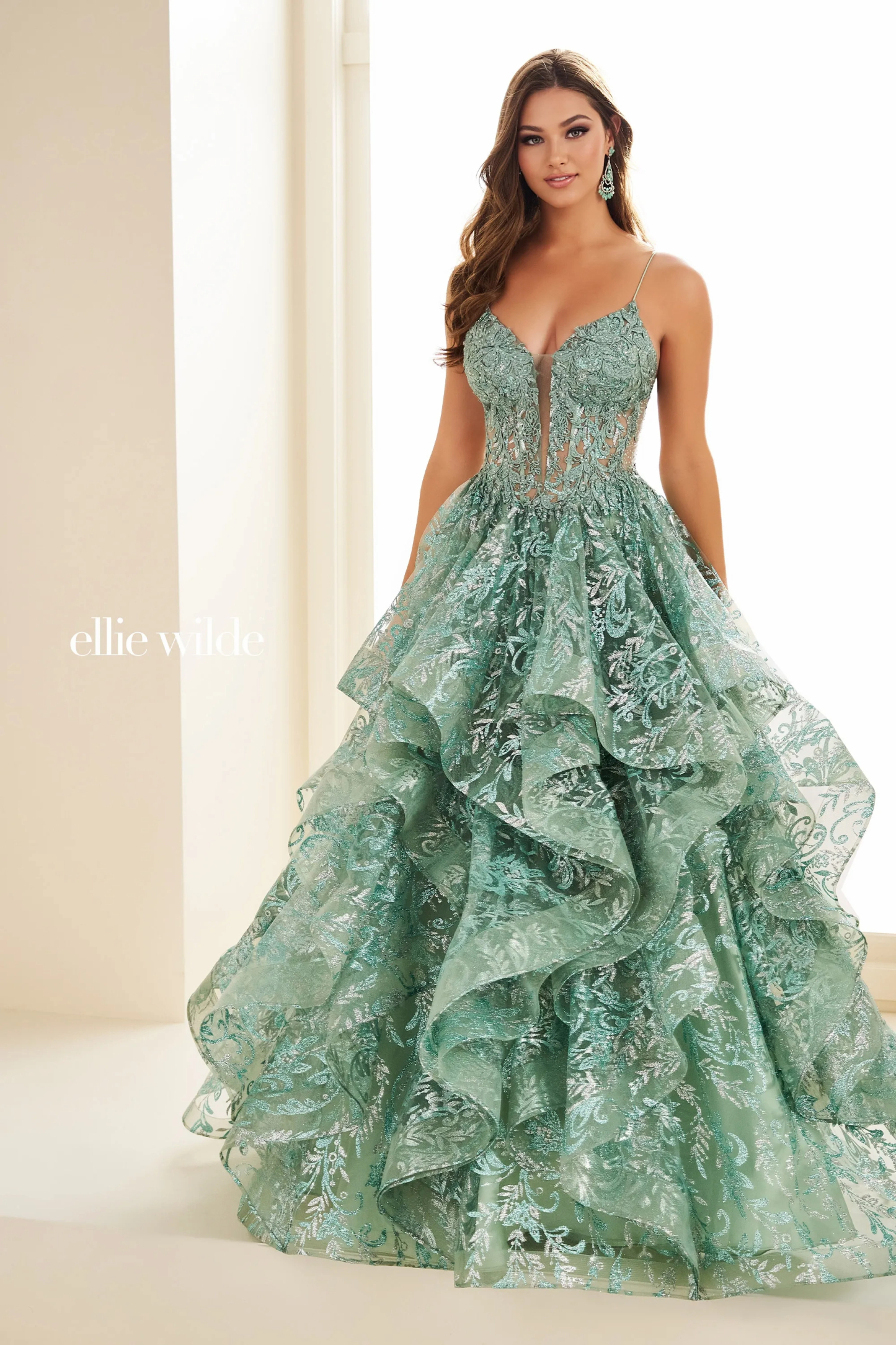 Ball Gown Deep V-neck Cracked Ice Lace Appliques Dropped Prom Dress #EW36054
