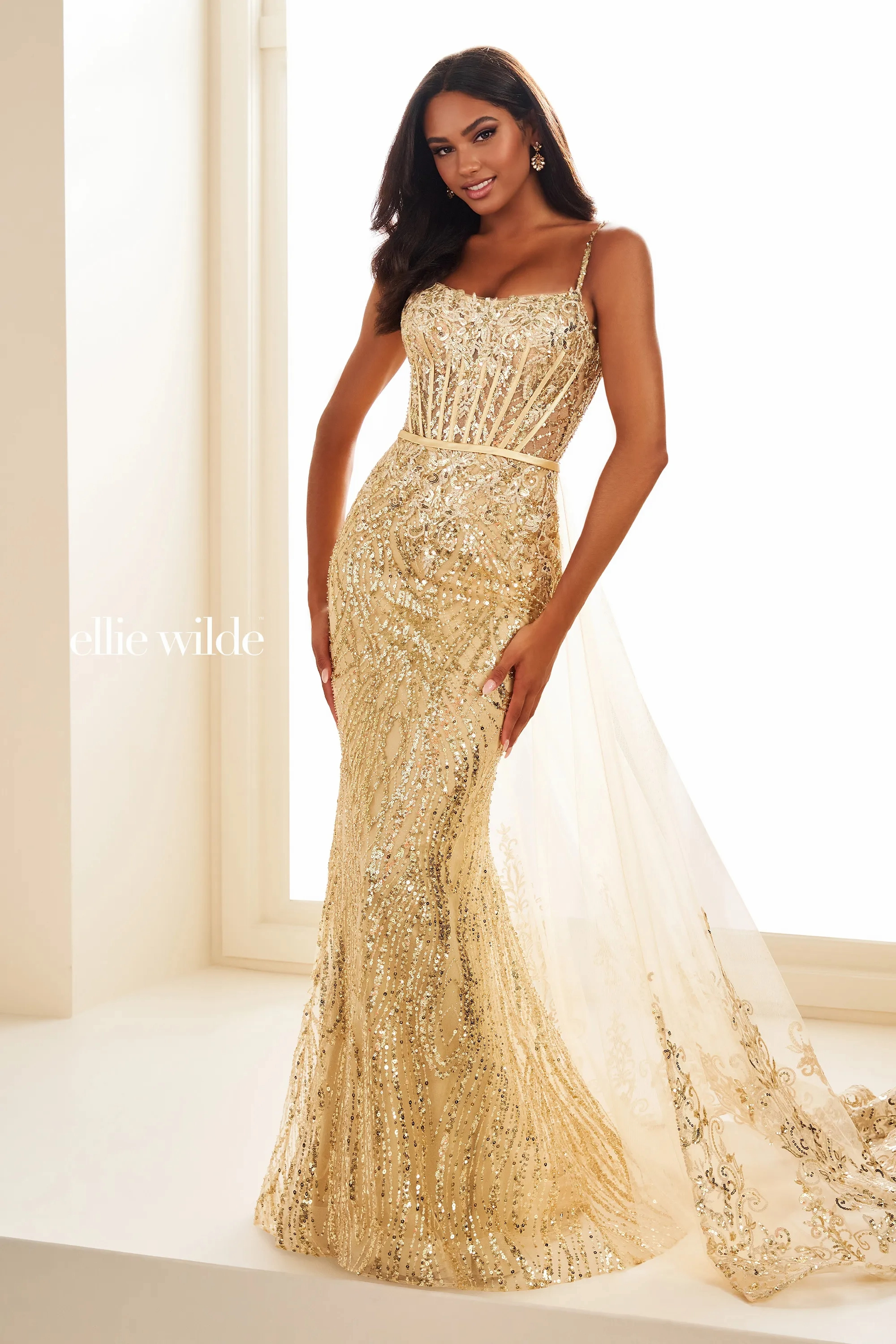 Mermaid Curved Spaghetti Straps Lace Appliques Beading Prom Dress # Ellie Wilde EW36075