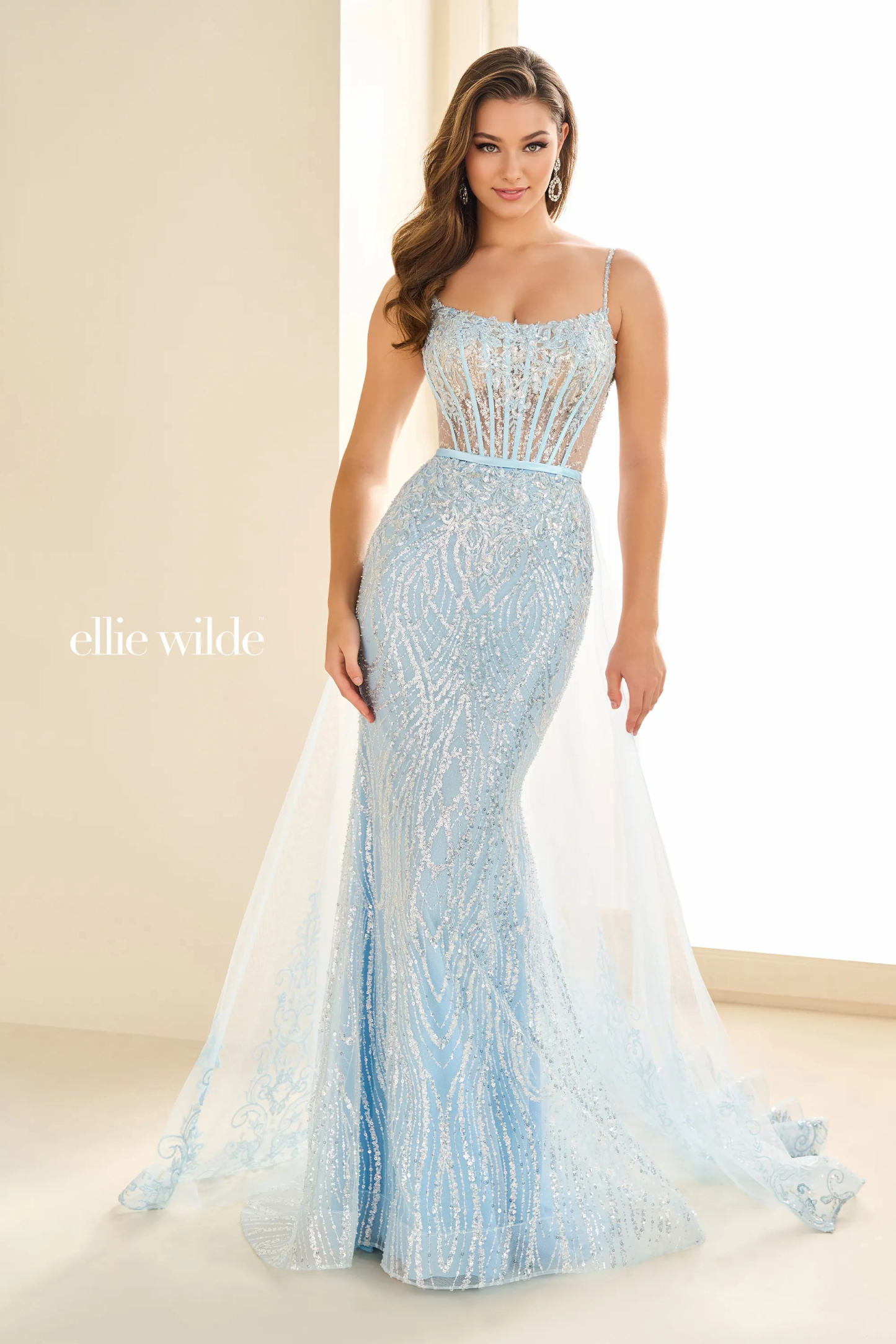 Mermaid Curved Spaghetti Straps Lace Appliques Beading Prom Dress # Ellie Wilde EW36075