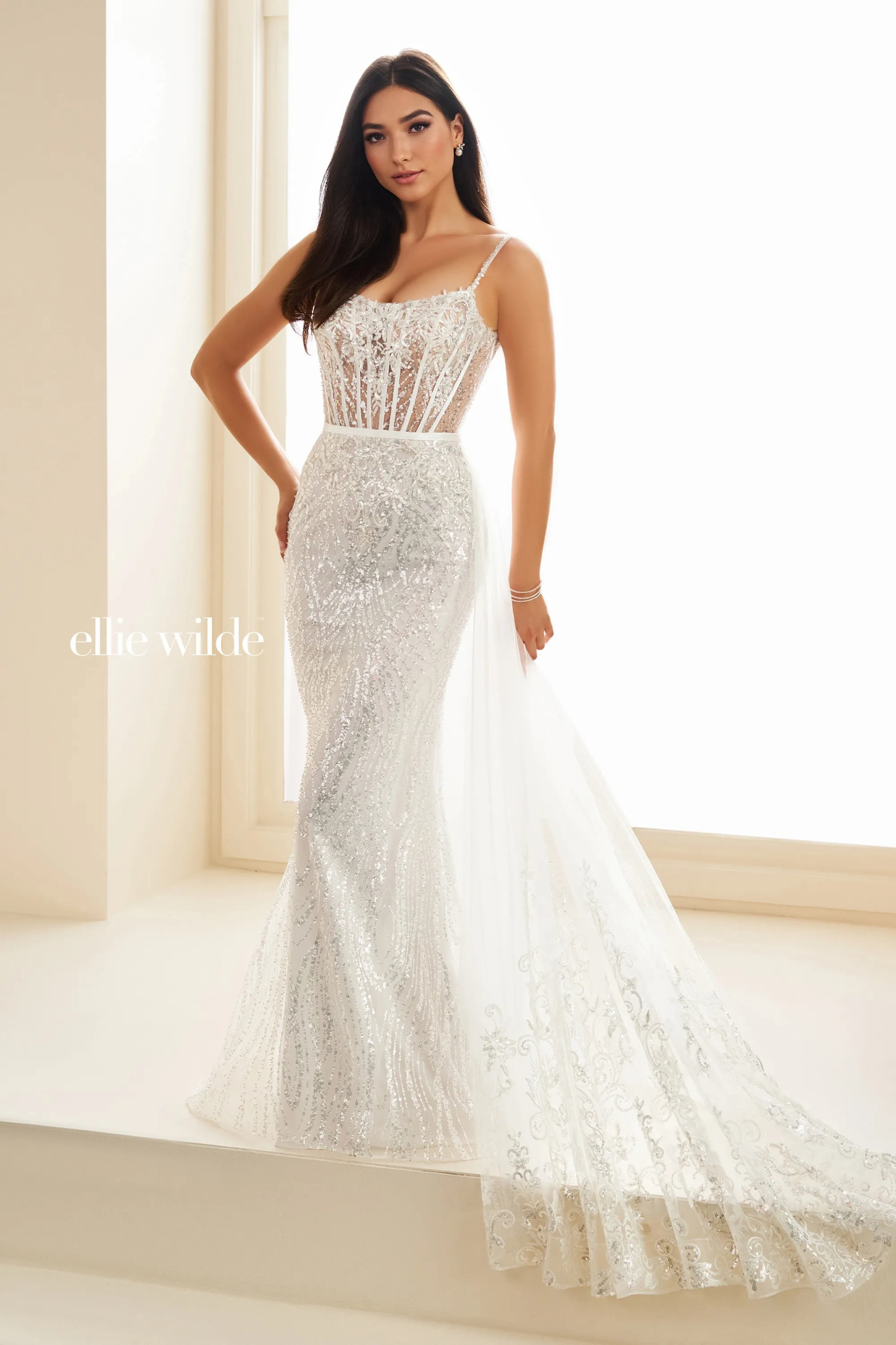 Mermaid Curved Spaghetti Straps Lace Appliques Beading Prom Dress # Ellie Wilde EW36075