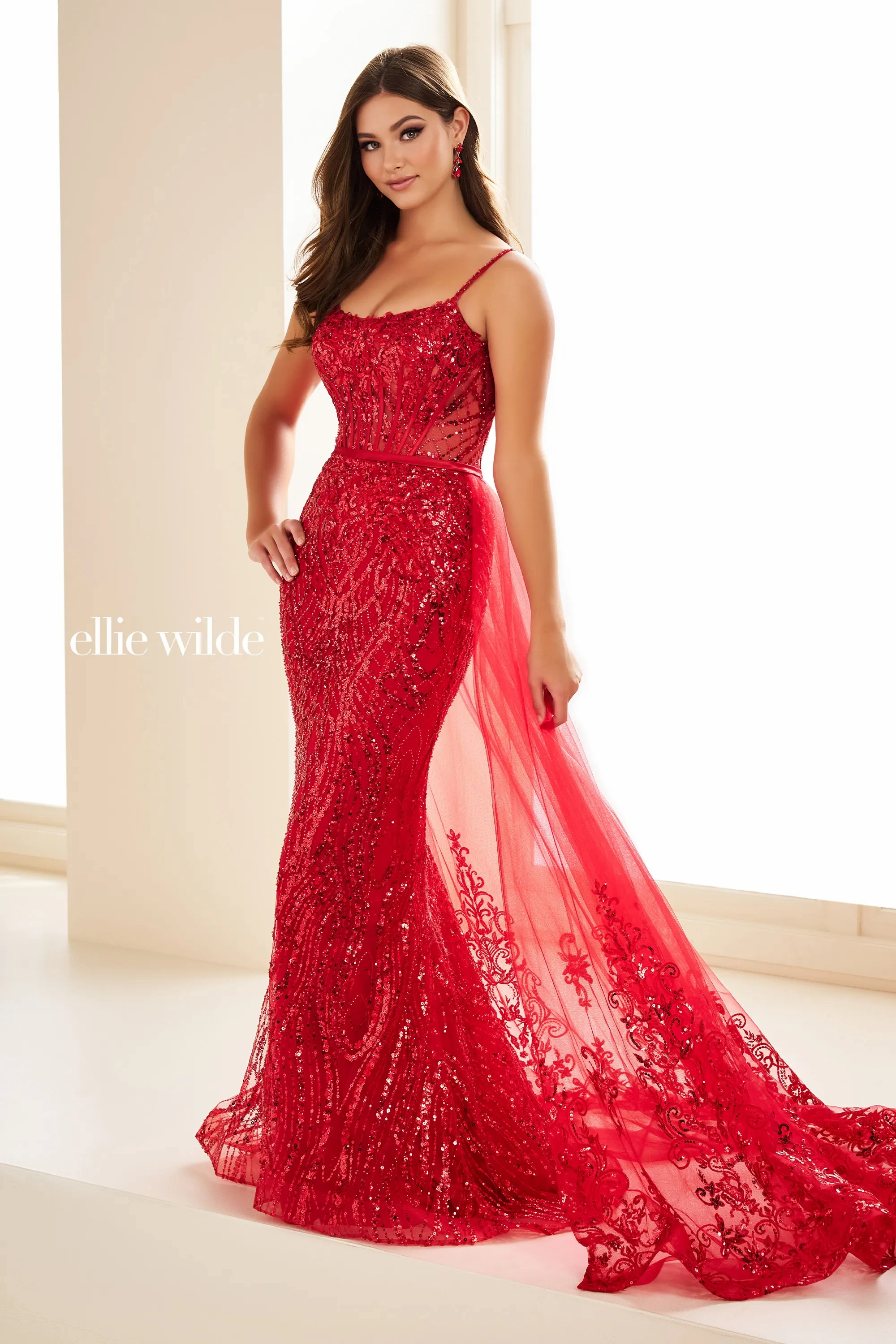 Mermaid Curved Spaghetti Straps Lace Appliques Beading Prom Dress # Ellie Wilde EW36075
