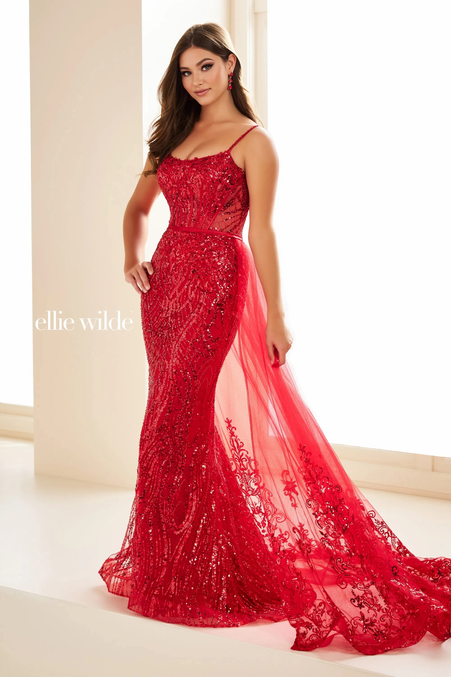 Mermaid Curved Spaghetti Straps Lace Appliques Beading Prom Dress # Ellie Wilde EW36075