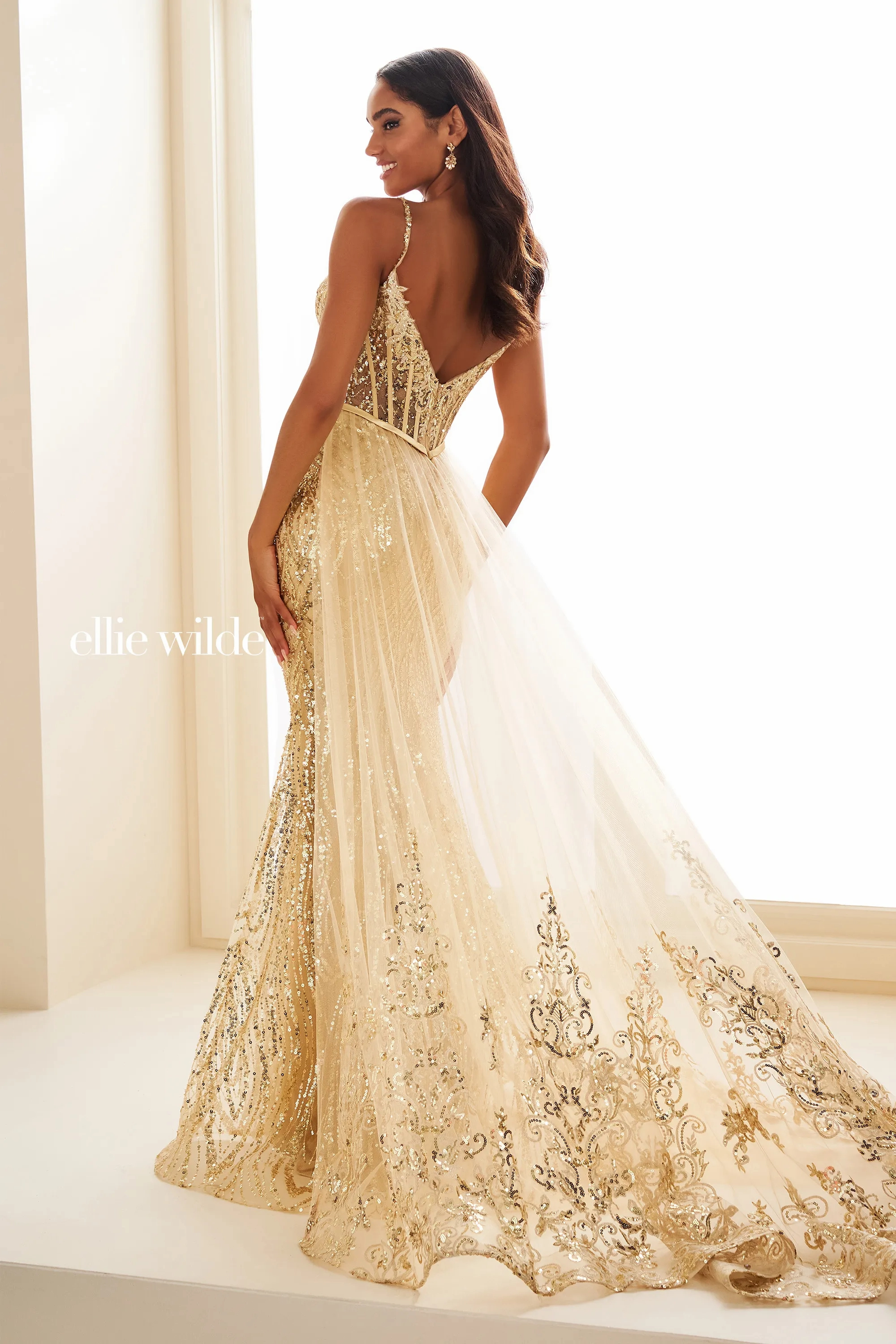Mermaid Curved Spaghetti Straps Lace Appliques Beading Prom Dress # Ellie Wilde EW36075