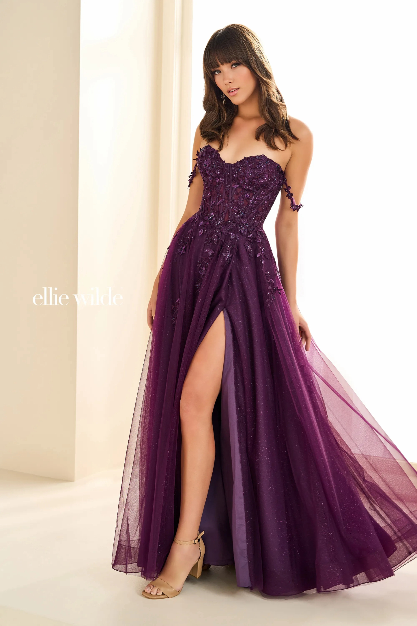 A-Line Sweetheart Off-The-Shoulder Glitter Tulle Slit Prom Dress With