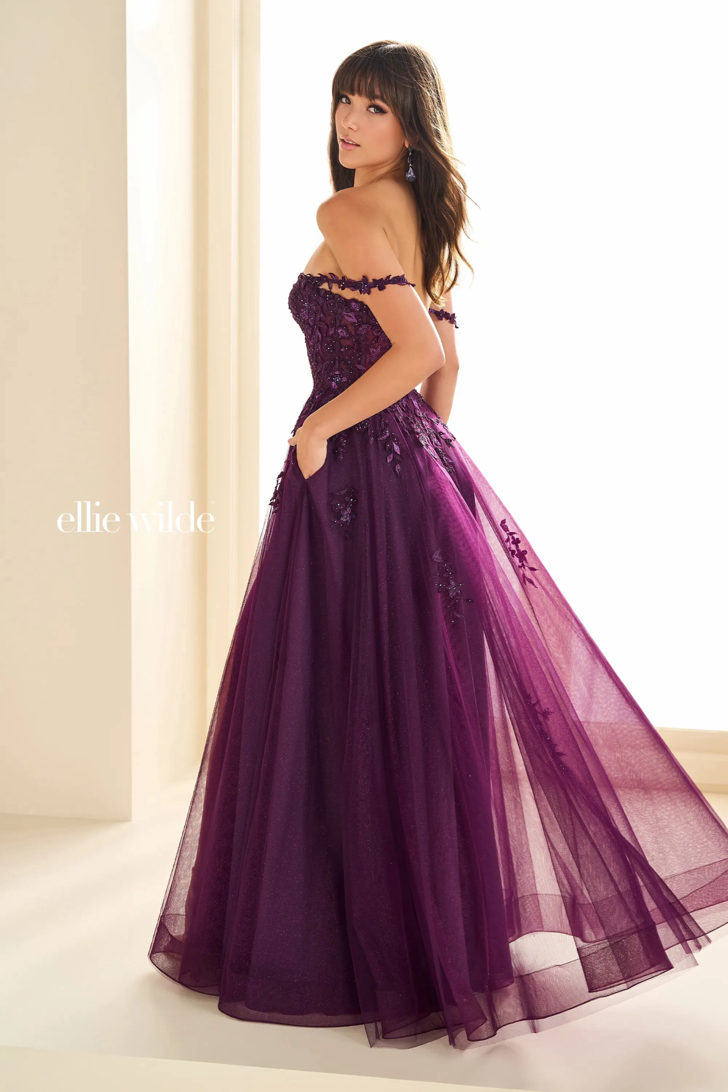 A-Line Sweetheart Off-The-Shoulder Glitter Tulle Slit Prom Dress With Pockets # Ellie Wilde 36083