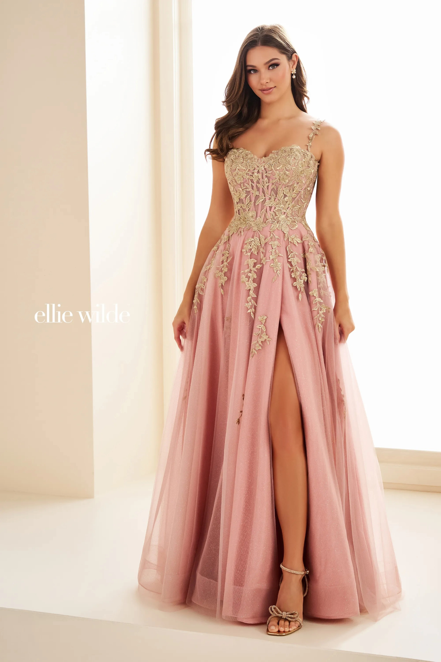 A-Line Sweetheart Off-The-Shoulder Glitter Tulle Slit Prom Dress With Pockets # Ellie Wilde 36083