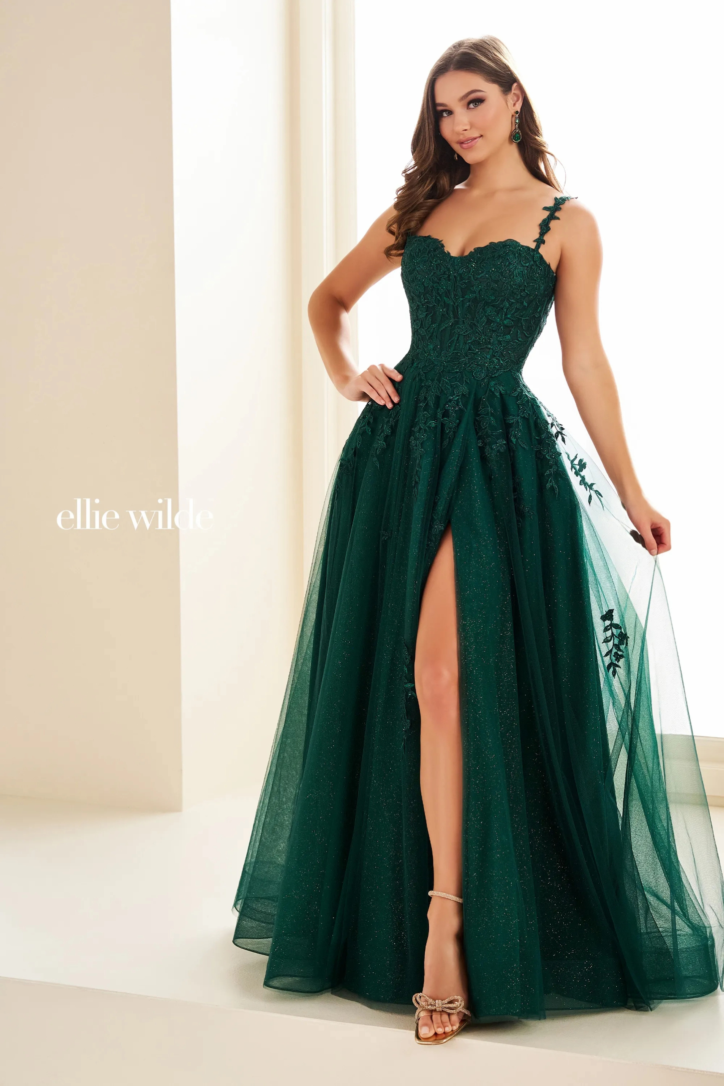 A-Line Sweetheart Off-The-Shoulder Glitter Tulle Slit Prom Dress With Pockets # Ellie Wilde 36083