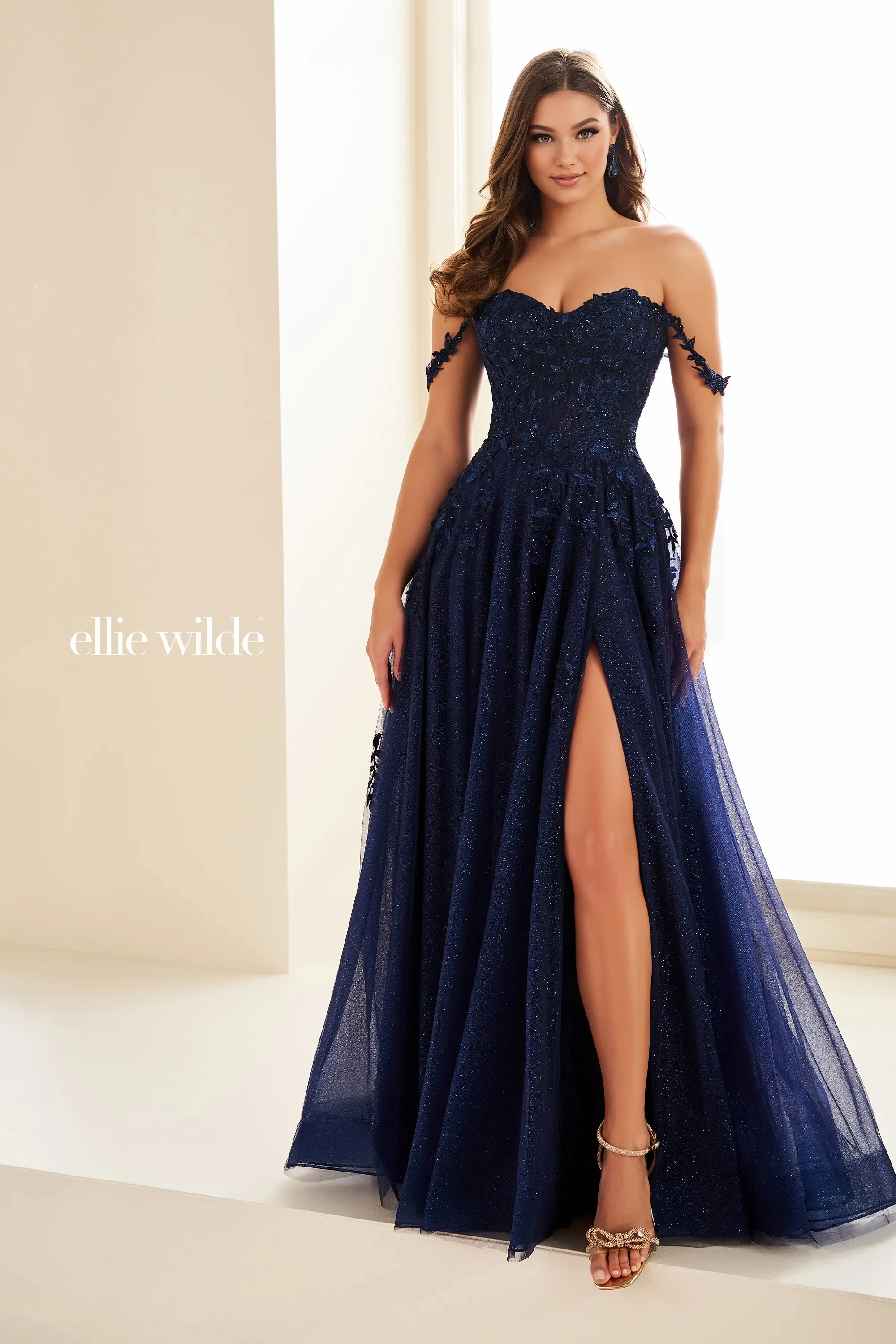 A-Line Sweetheart Off-The-Shoulder Glitter Tulle Slit Prom Dress With Pockets # Ellie Wilde 36083
