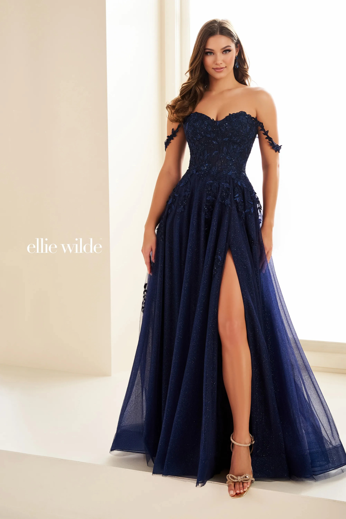 A-Line Sweetheart Off-The-Shoulder Glitter Tulle Slit Prom Dress With Pockets # Ellie Wilde 36083