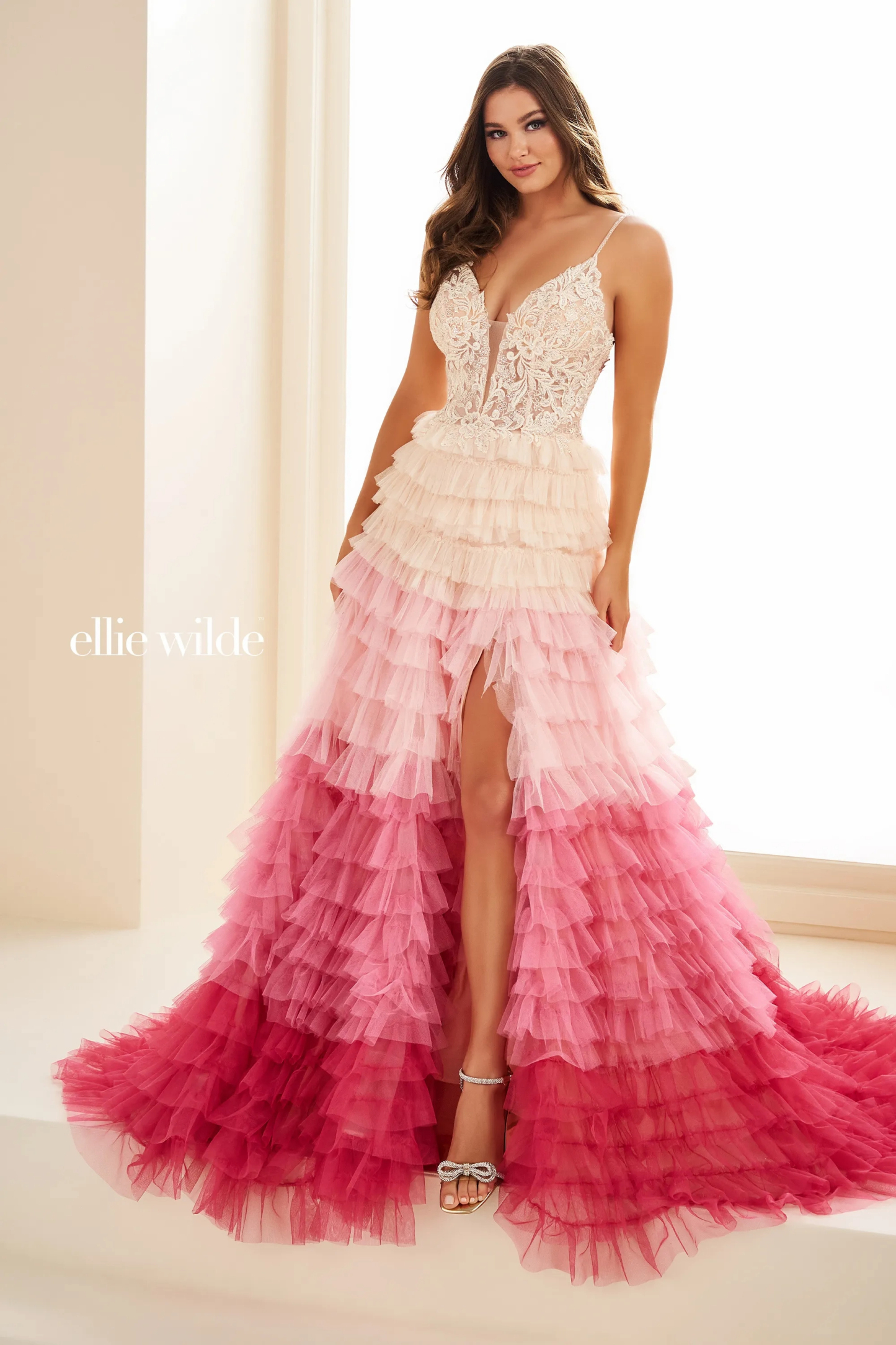 A-Line V-Neck Spaghetti Straps Ombre Layered Tulle Prom Dress #Ellie Wilde 36097