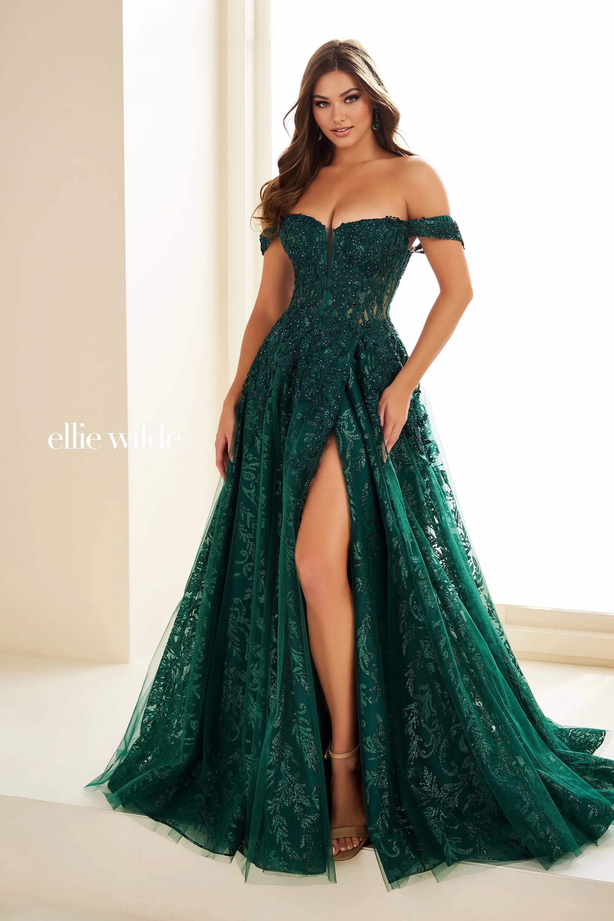 A-Line Sweetheart Off-The-Shoulder Lace Appliques Slit Prom Dress With Pockets #Ellie Wilde 36209