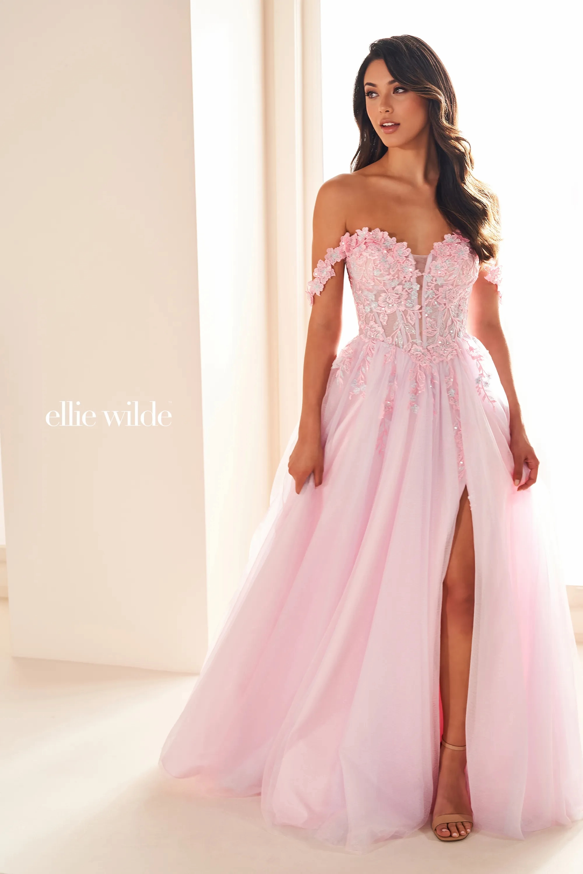 A-Line Sweetheart Off-The-Shoulder Tulle 3D Flowers Prom Dress #Ellie Wilde 36214