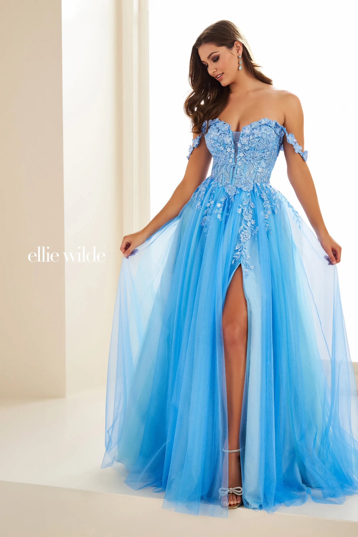 A-Line Sweetheart Off-The-Shoulder Tulle 3D Flowers Prom Dress #Ellie