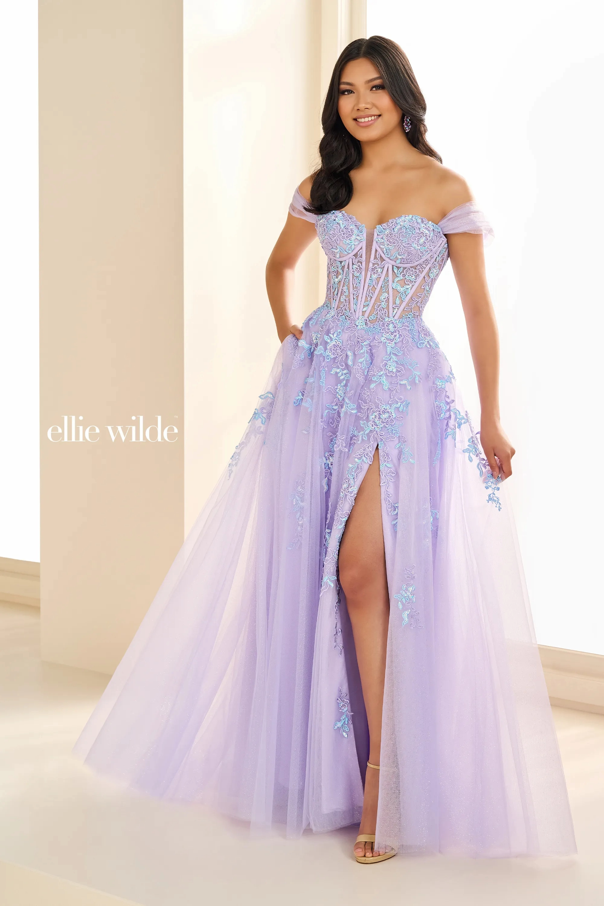 Ball Gown Off-The-Shoulder Sweetheart Lace Appliques Sequin Slit Prom Dress #Ellie Wilde 36217