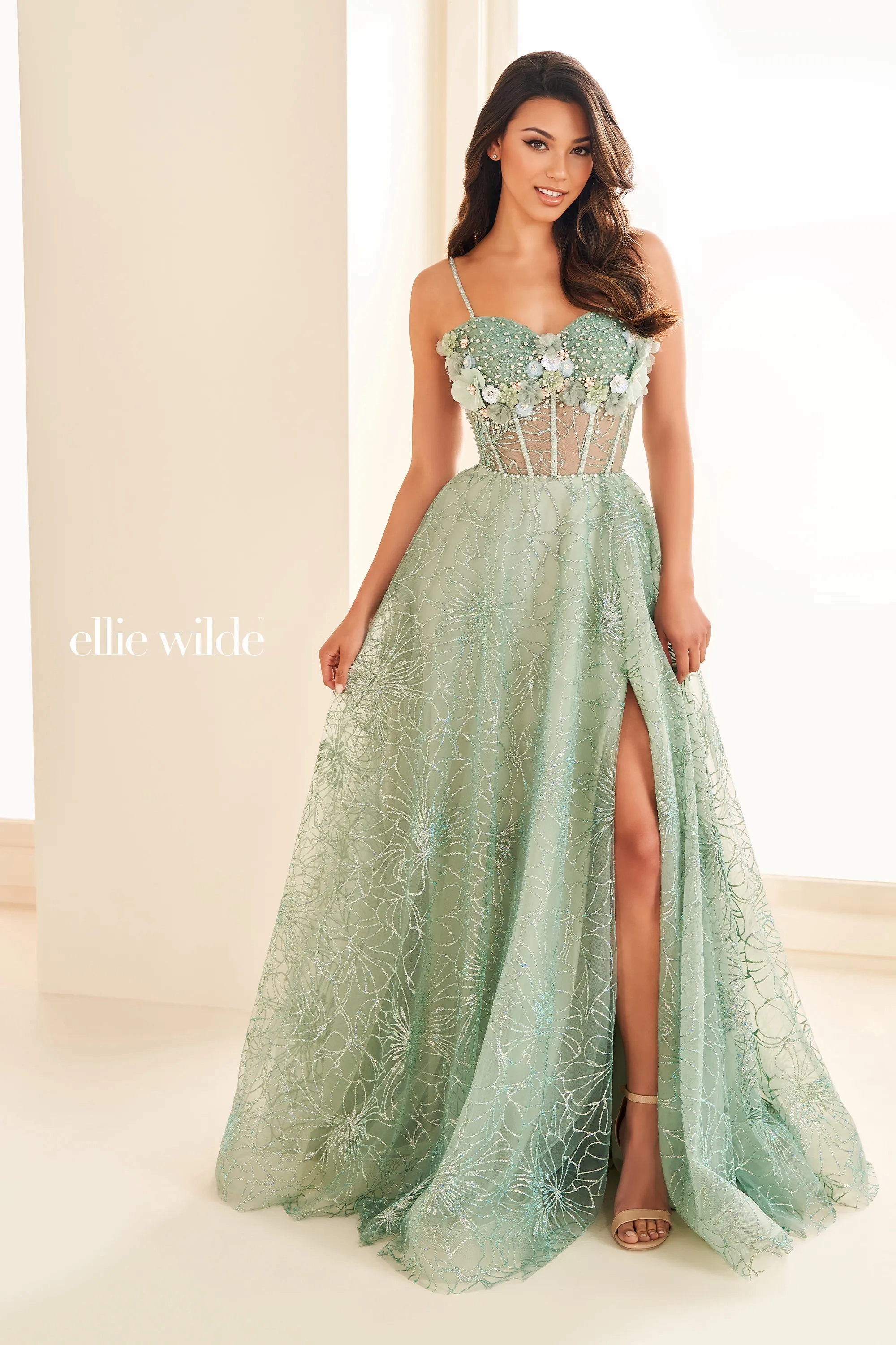 A-Line Sweetheart Stone Accents 3D Flowers Slit Prom Dress #Ellie Wilde 36218