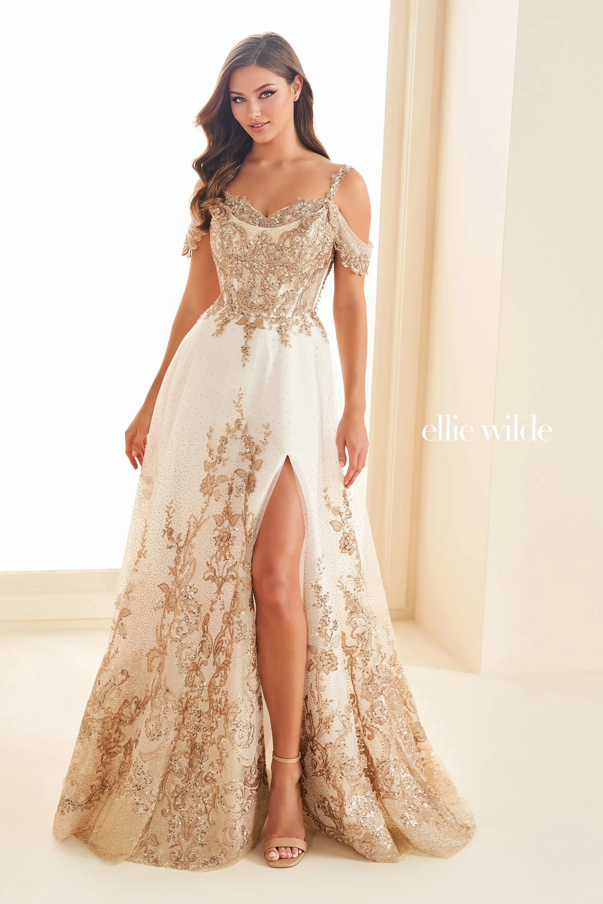 A-Line Sweetheart Lace Appliques Stone Accents Slit Prom Dress #Ellie Wilde 36220