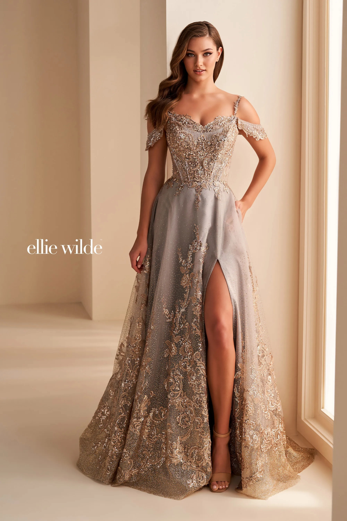 A-Line Sweetheart Lace Appliques Stone Accents Slit Prom Dress #Ellie Wilde 36220