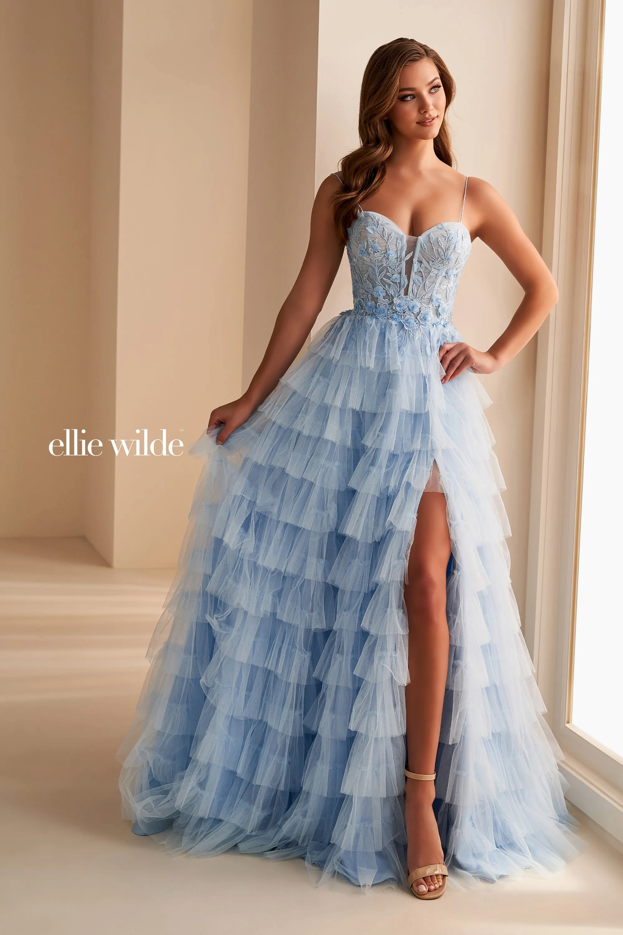 A-Line Sweetheart Beading 3D Flowers Tulle Sleeveless Slit Prom Dress #Ellie Wilde 36223