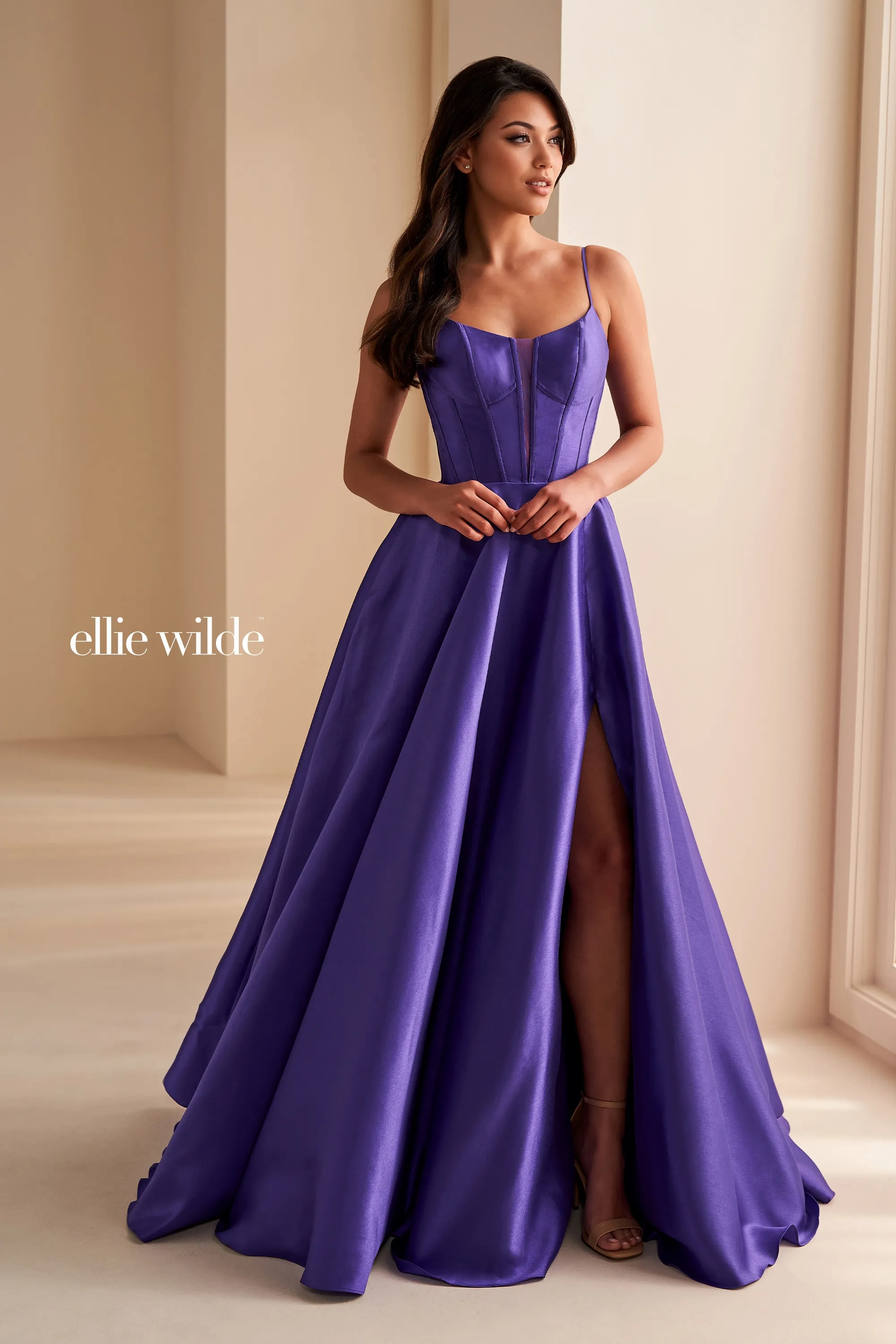 Ball Gown V-Neck Brushed Satin Sleeveless Corset Bodice Prom Dress #Ellie Wilde 36224