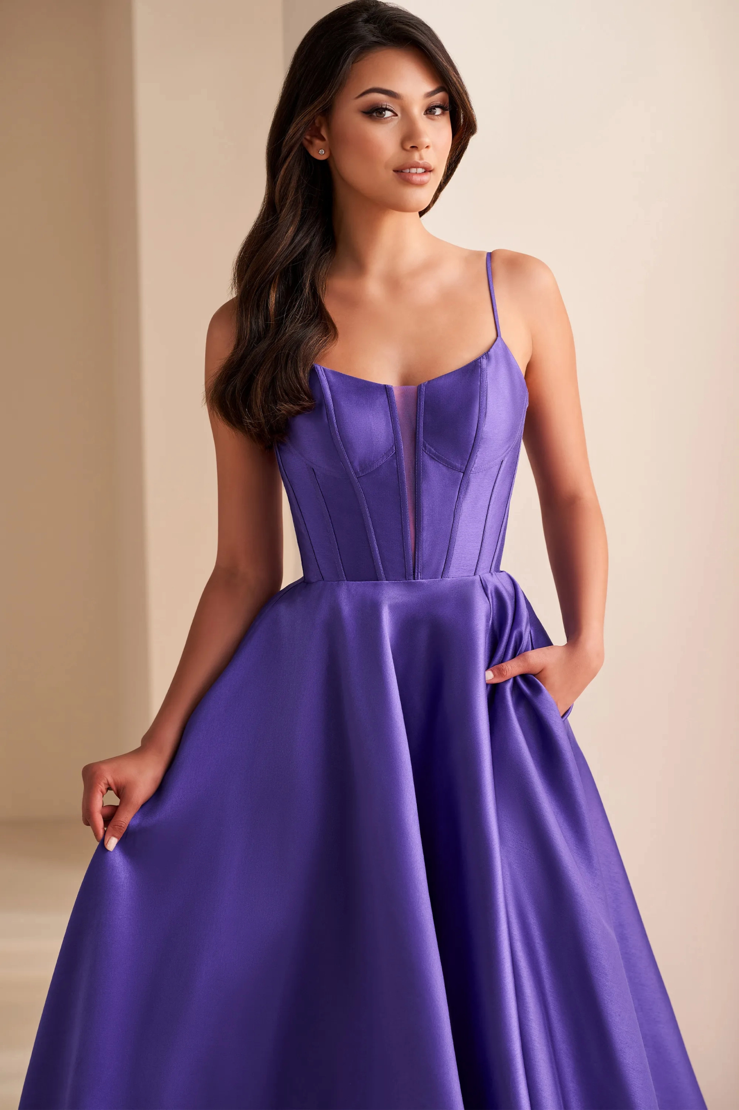 Ball Gown V-Neck Brushed Satin Sleeveless Corset Bodice Prom Dress #Ellie Wilde 36224