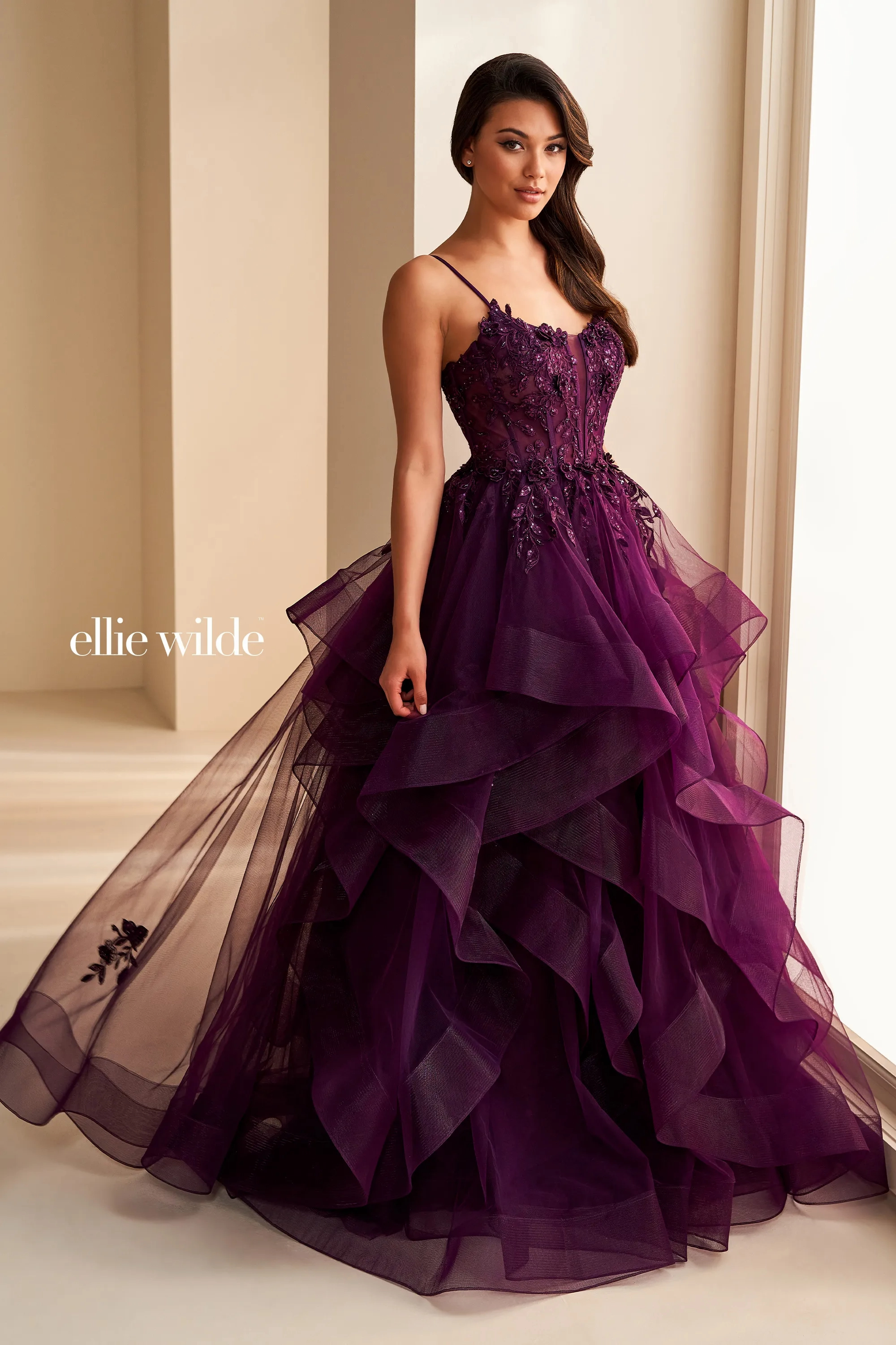 Ball Gown Curved Lace Appliques 3D Flowers Corset Bodice Prom Dress #Ellie Wilde 36225