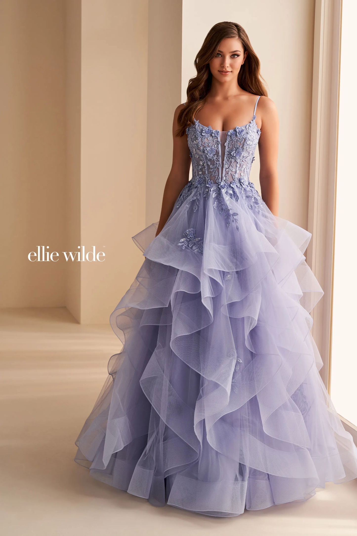 Ball Gown Curved Lace Appliques 3D Flowers Corset Bodice Prom Dress #Ellie Wilde 36225