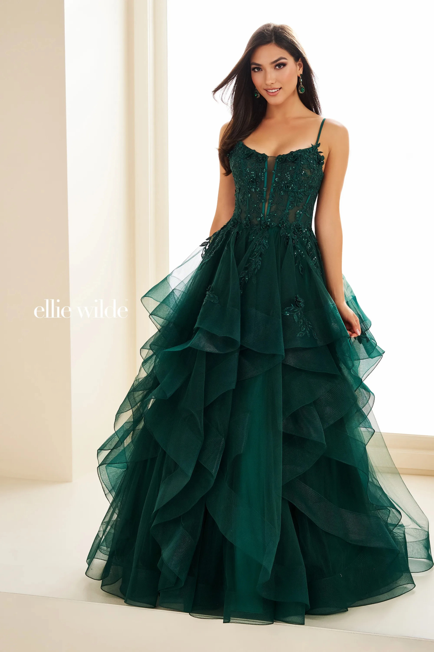 Ball Gown Curved Lace Appliques 3D Flowers Corset Bodice Prom Dress #Ellie Wilde 36225