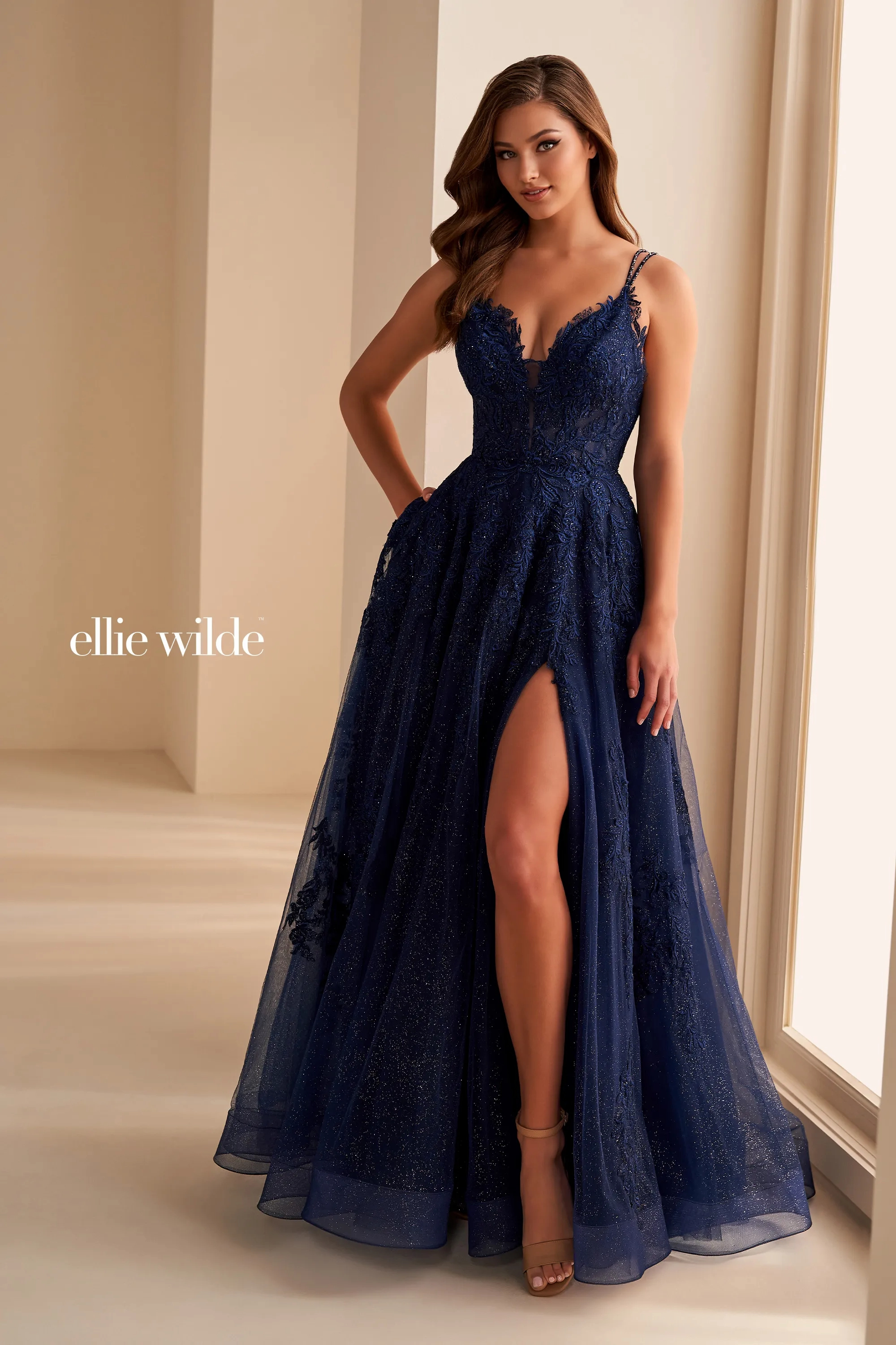 A-Line V-Neck Lace Appliques Stone Accents Corset Bodice Prom Dress #Ellie Wilde 36226