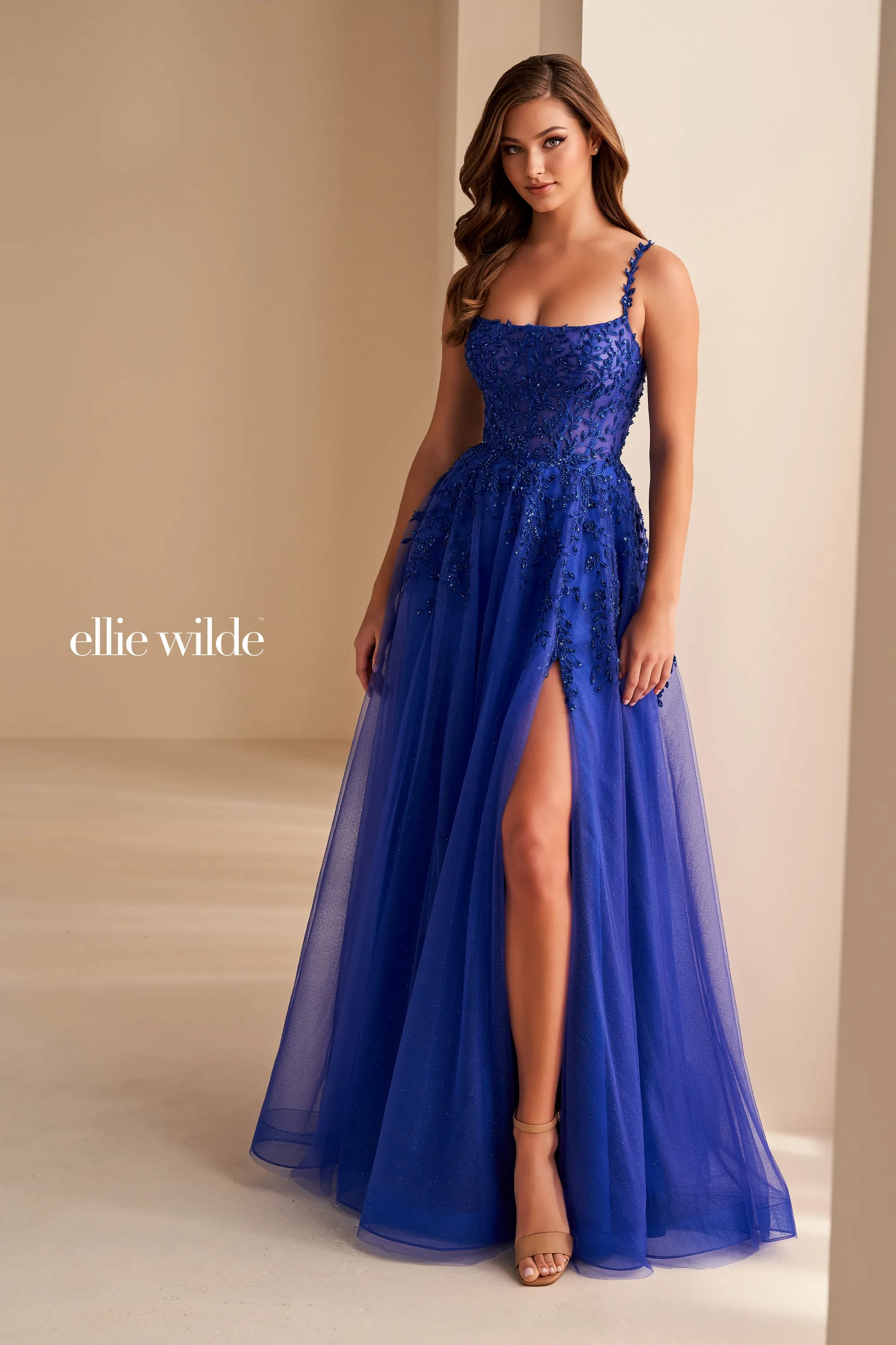A-Line Curved Glitter Tulle Lace Appliques Slit Prom Dress With Pockets #Ellie Wilde 36228