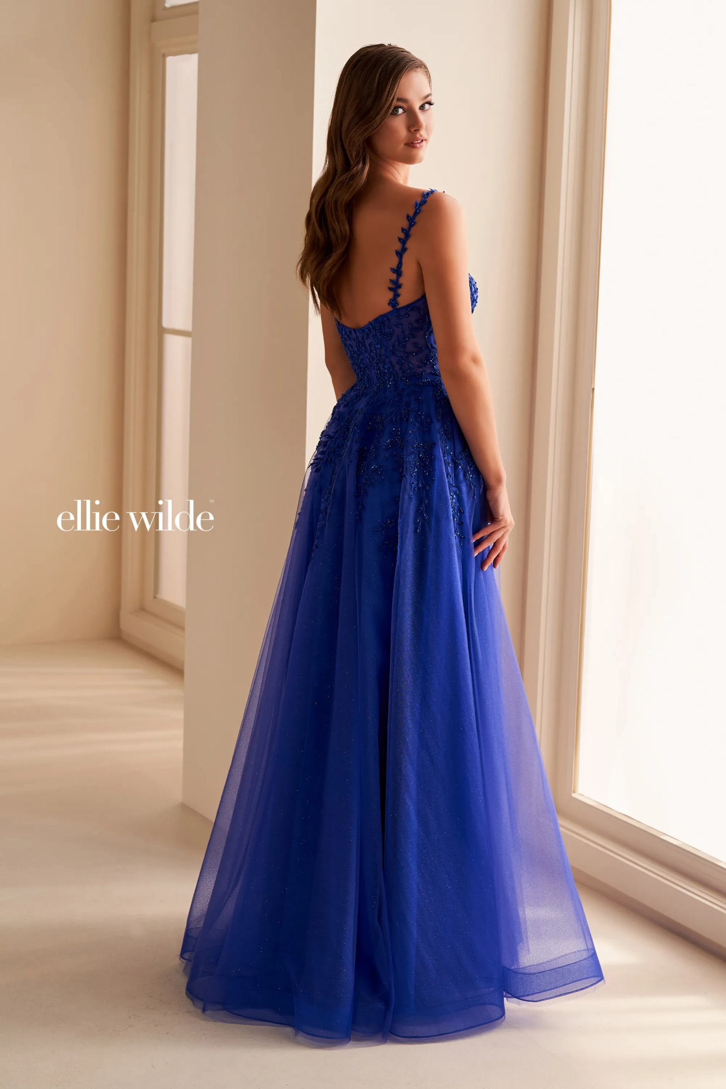 A-Line Curved Glitter Tulle Lace Appliques Slit Prom Dress With Pockets #Ellie Wilde 36228