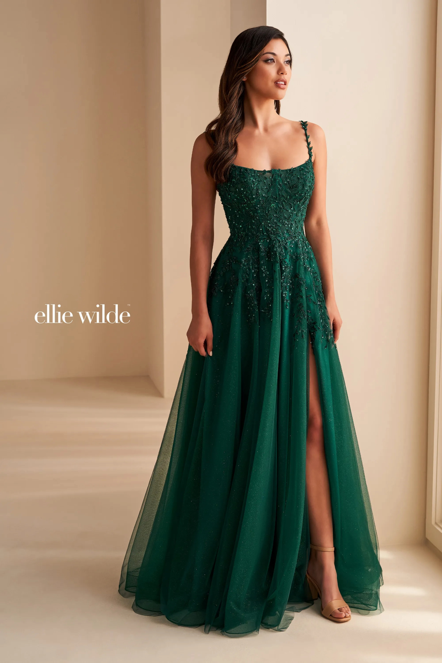 A-Line Curved Glitter Tulle Lace Appliques Slit Prom Dress With Pocket