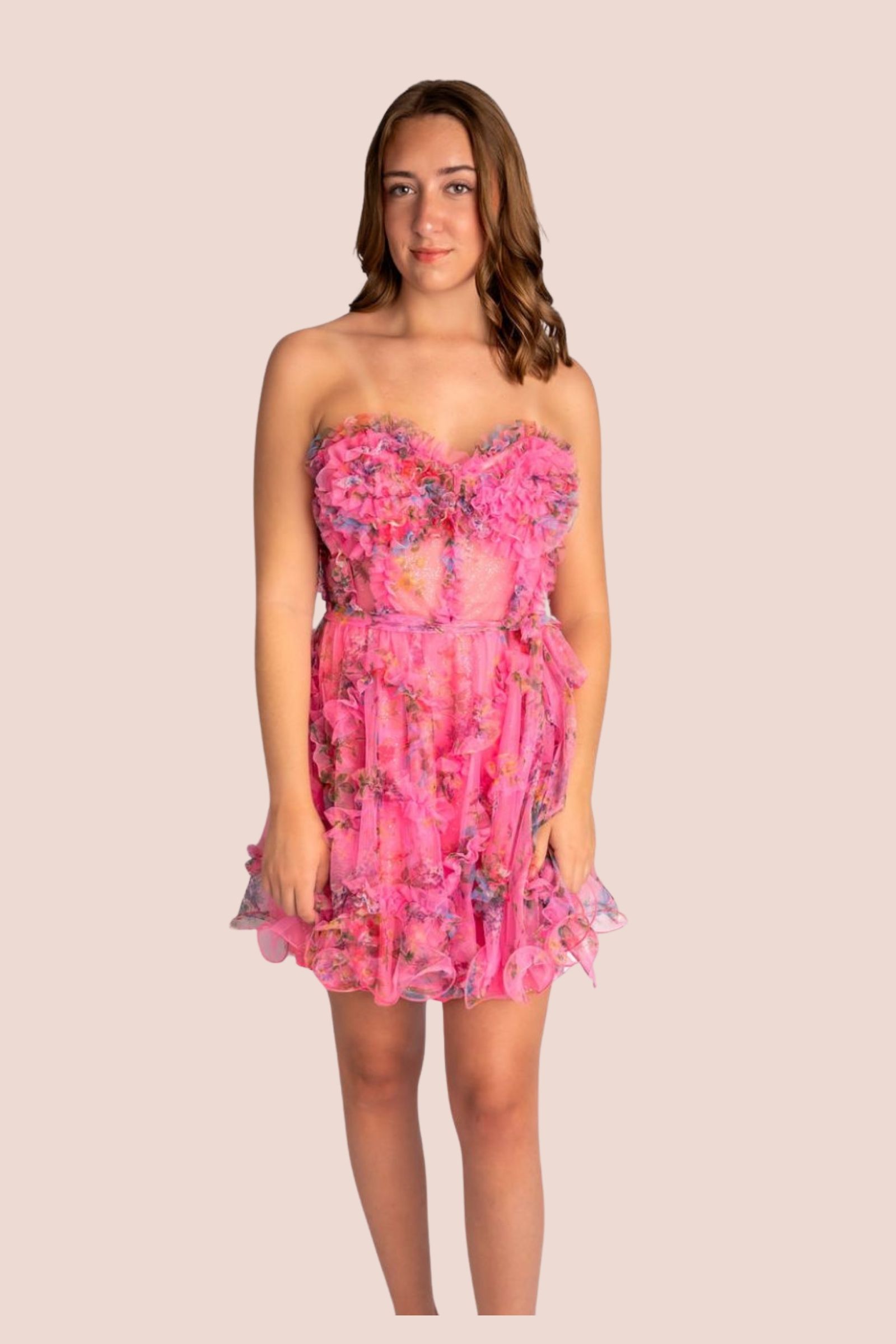 Strapless ruffled bust a-line mini dress #HC002