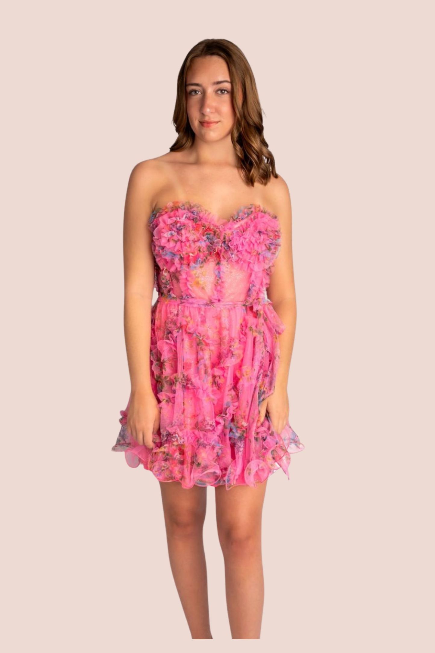 Strapless ruffled bust a-line mini dress #HC002
