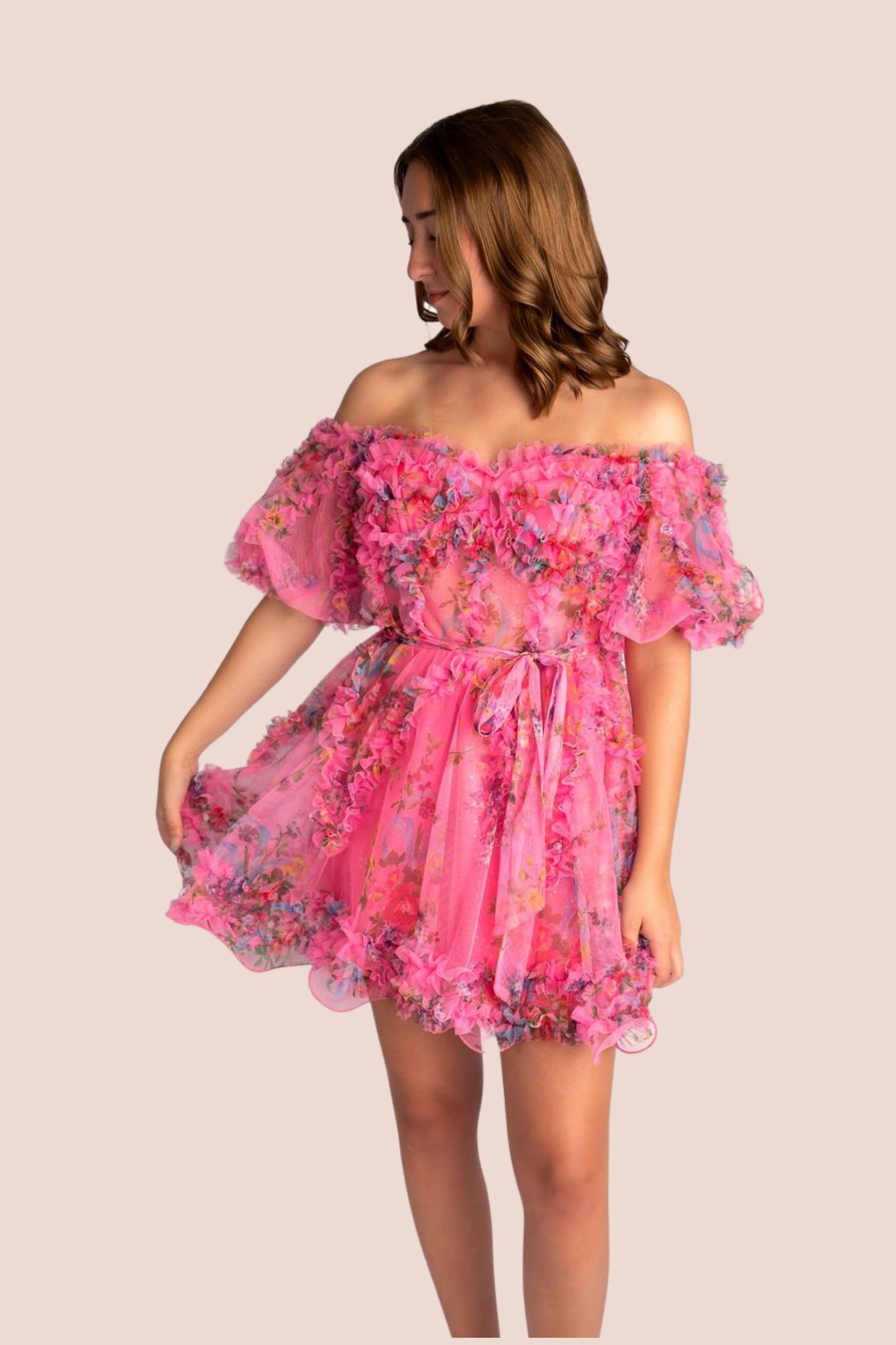 Strapless ruffled bust a-line mini dress #HC002